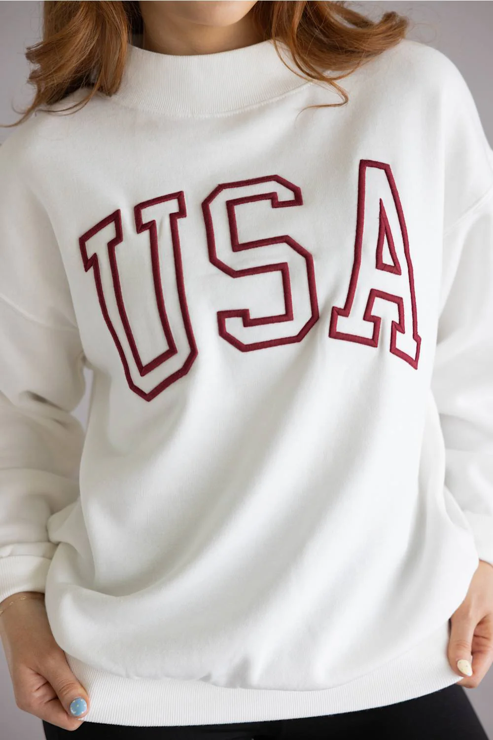 1897 Active USA Embroidered Mock Neck Sweatshirt for Women in Ivory | GT816-IVORY - Image 3