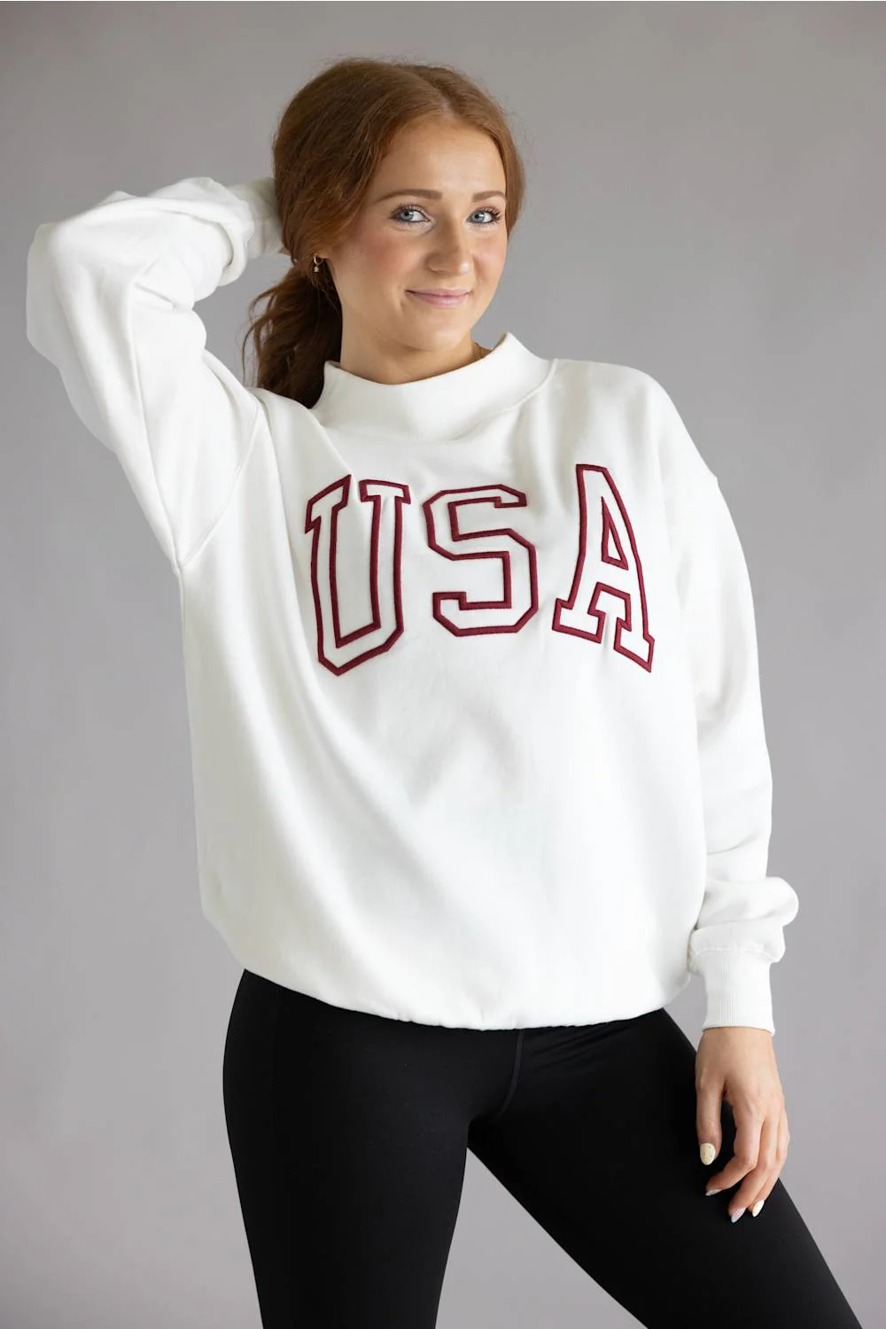 1897 Active USA Embroidered Mock Neck Sweatshirt for Women in Ivory | GT816-IVORY - Image 4