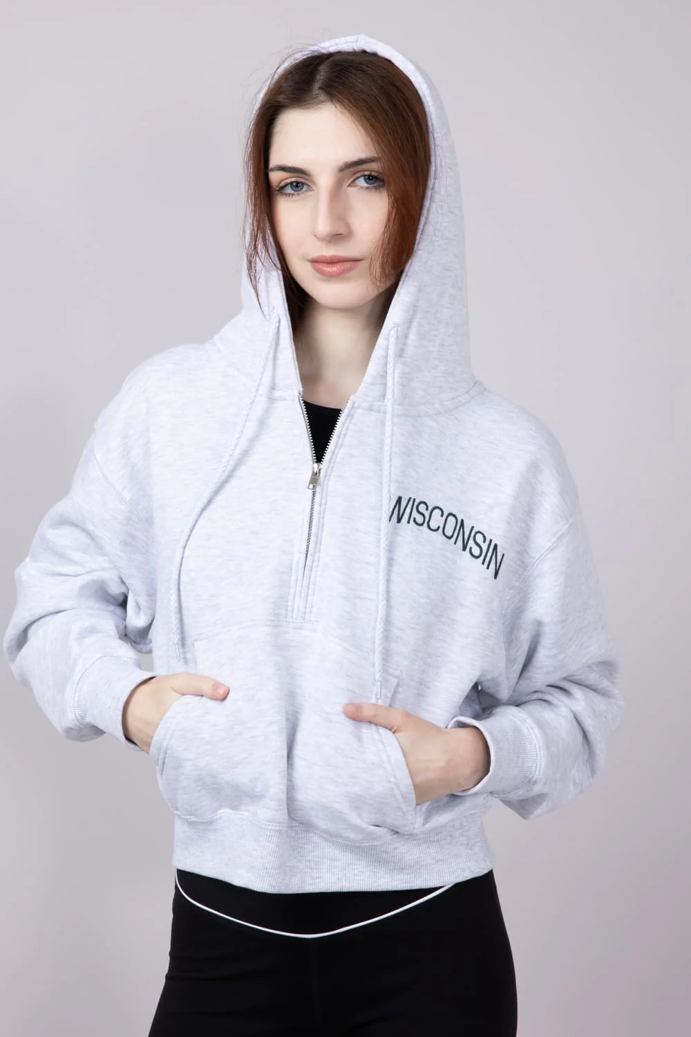 1897 Active ½ Zip Wisconsin Embroidered Hoodie for Women in Ice Grey | GK083-WI-ICEGREY - Image 4