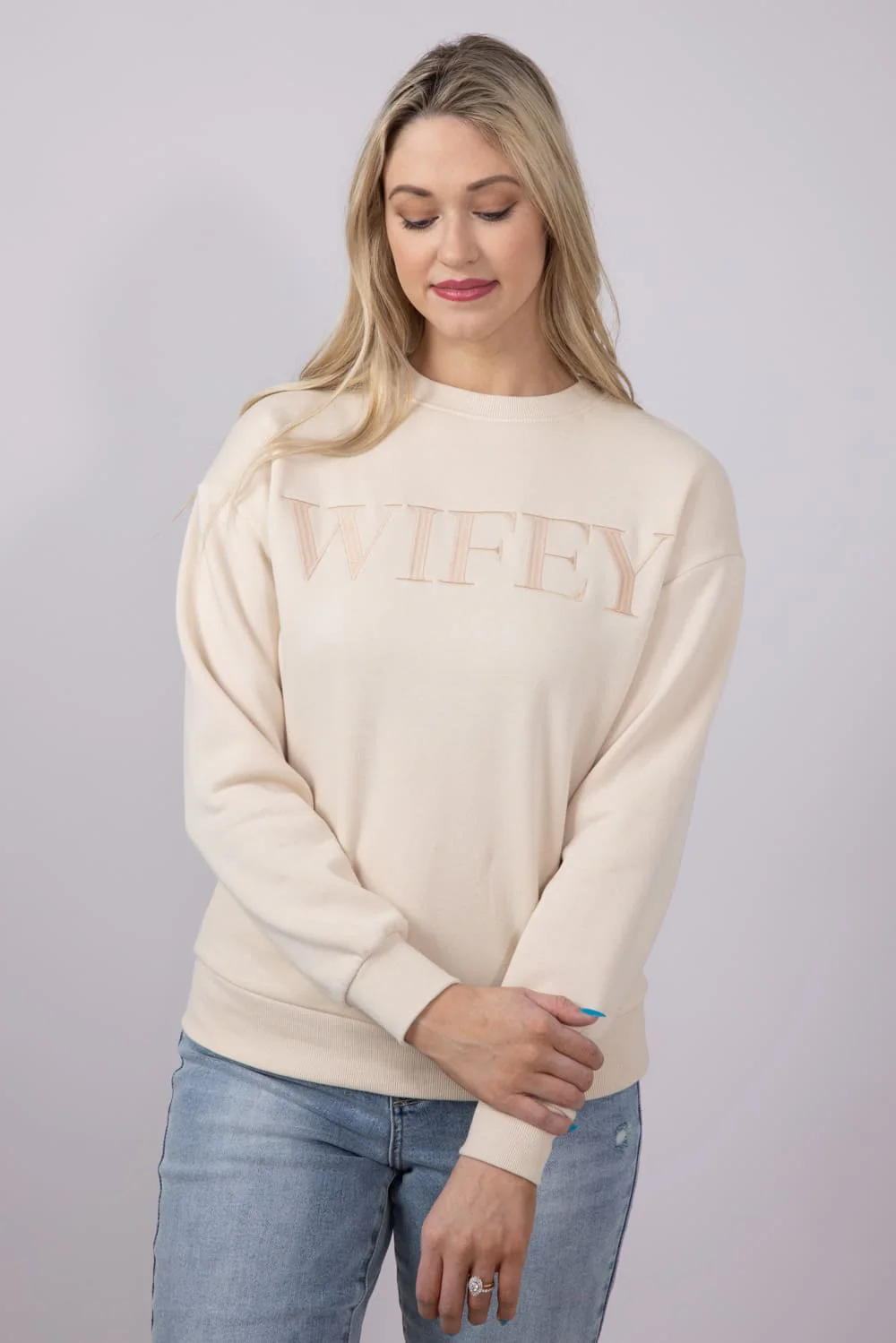 1897 Active Embroidered Wifey Fleece Sweatshirt for Women in Cream | GT078-CREAM - Image 2