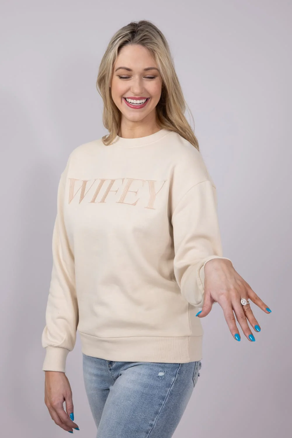 1897 Active Embroidered Wifey Fleece Sweatshirt for Women in Cream | GT078-CREAM - Image 3