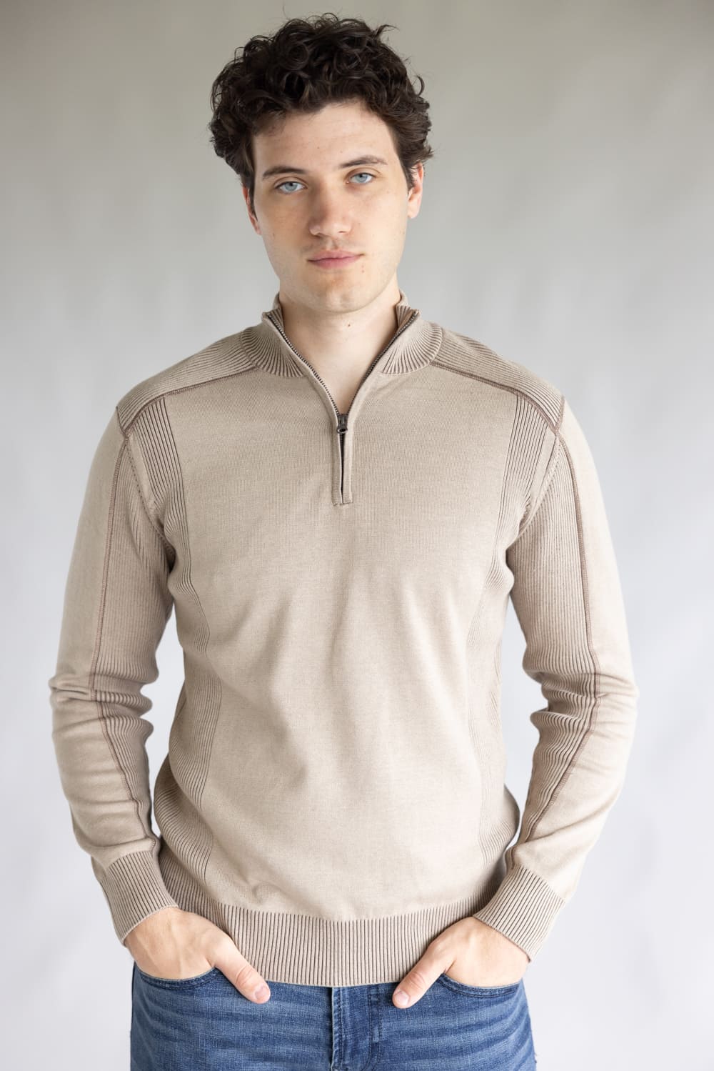 1897 Original 1/4 Zip Mock Neck Sweater for Men in Oatmeal | 1973GL-F25-OATMEAL/LTBROWN - Image 2