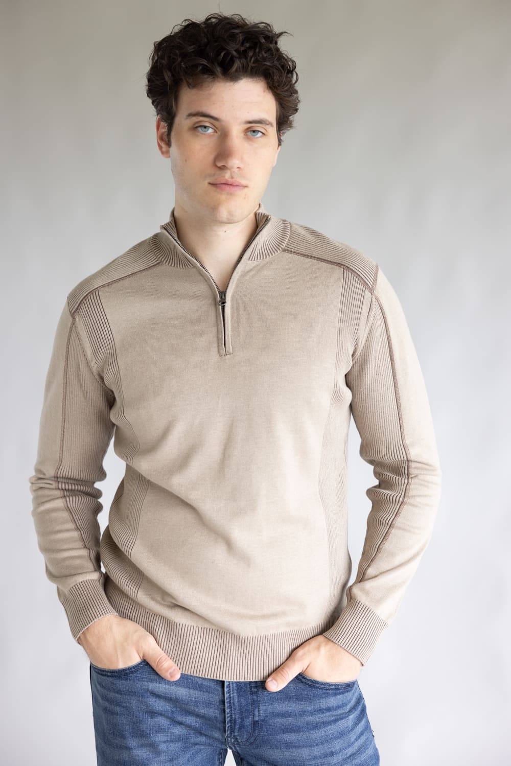 1897 Original 1/4 Zip Mock Neck Sweater for Men in Oatmeal | 1973GL-F25-OATMEAL/LTBROWN - Image 3