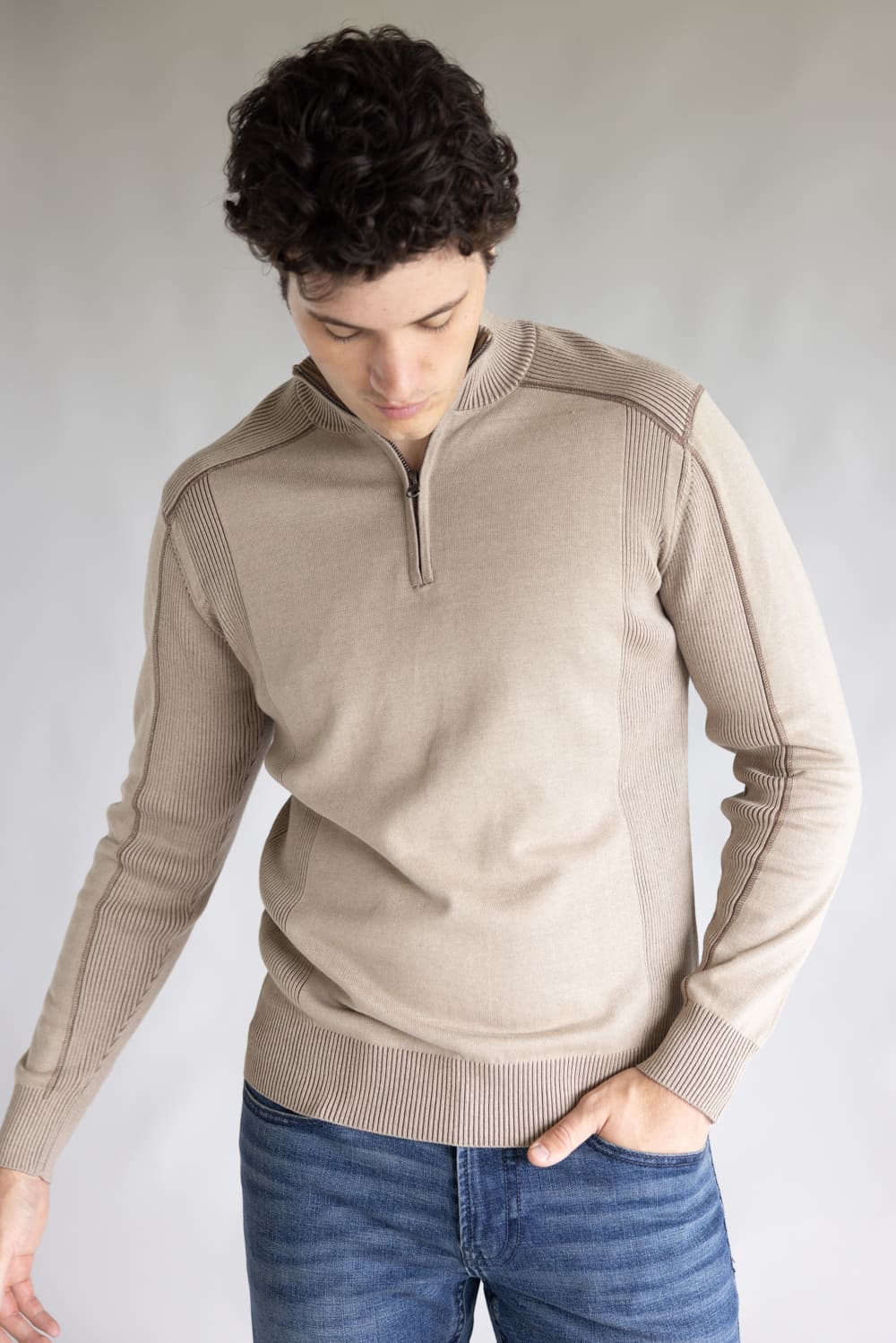 1897 Original 1/4 Zip Mock Neck Sweater for Men in Oatmeal | 1973GL-F25-OATMEAL/LTBROWN - Image 4