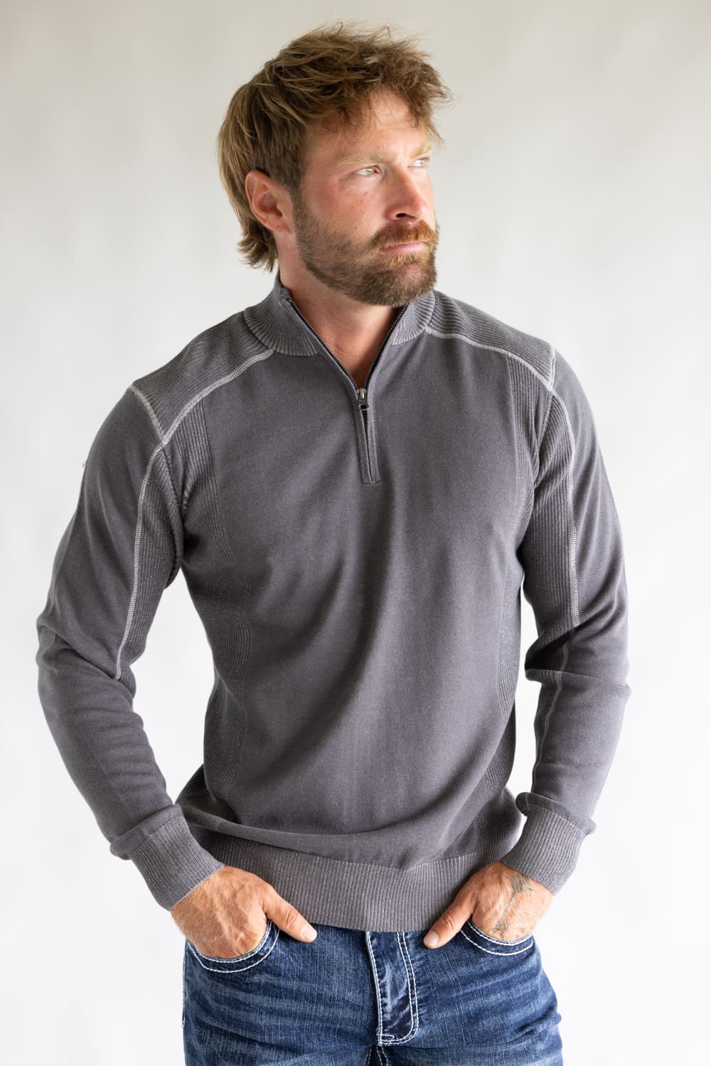 1897 Original 1/4 Zip Mock Neck Sweater for Men in Grey | 1973GL-F25-DKSHADOW/ALLOY - Image 2