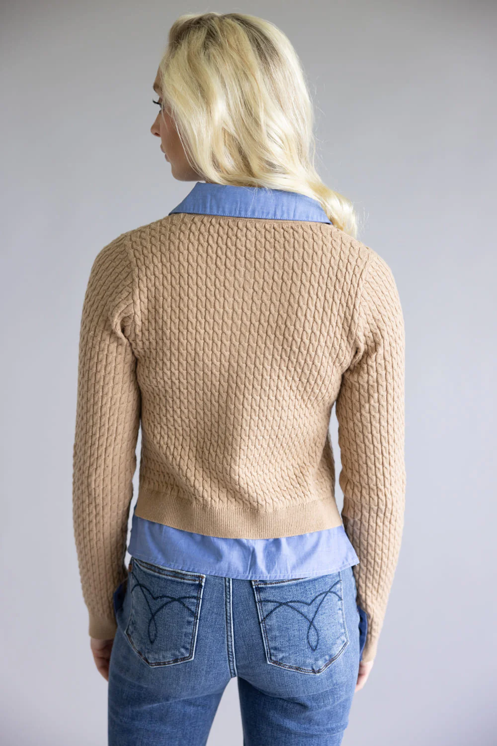 Aaron & Amber Cable Knit Mixed Media Button Front Top for Women in Taupe | AJT5017-TAUPE - Image 2
