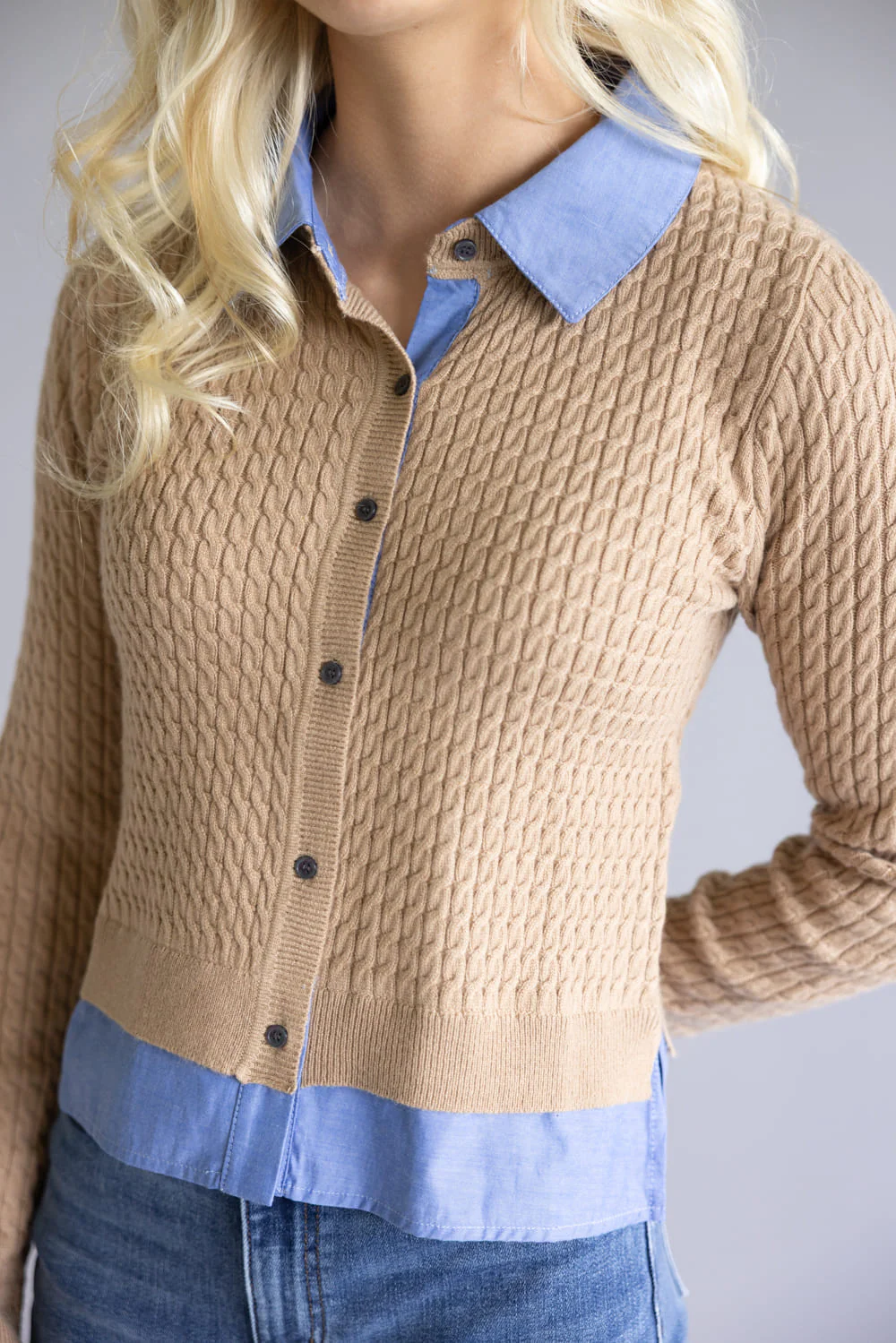 Aaron & Amber Cable Knit Mixed Media Button Front Top for Women in Taupe | AJT5017-TAUPE - Image 3