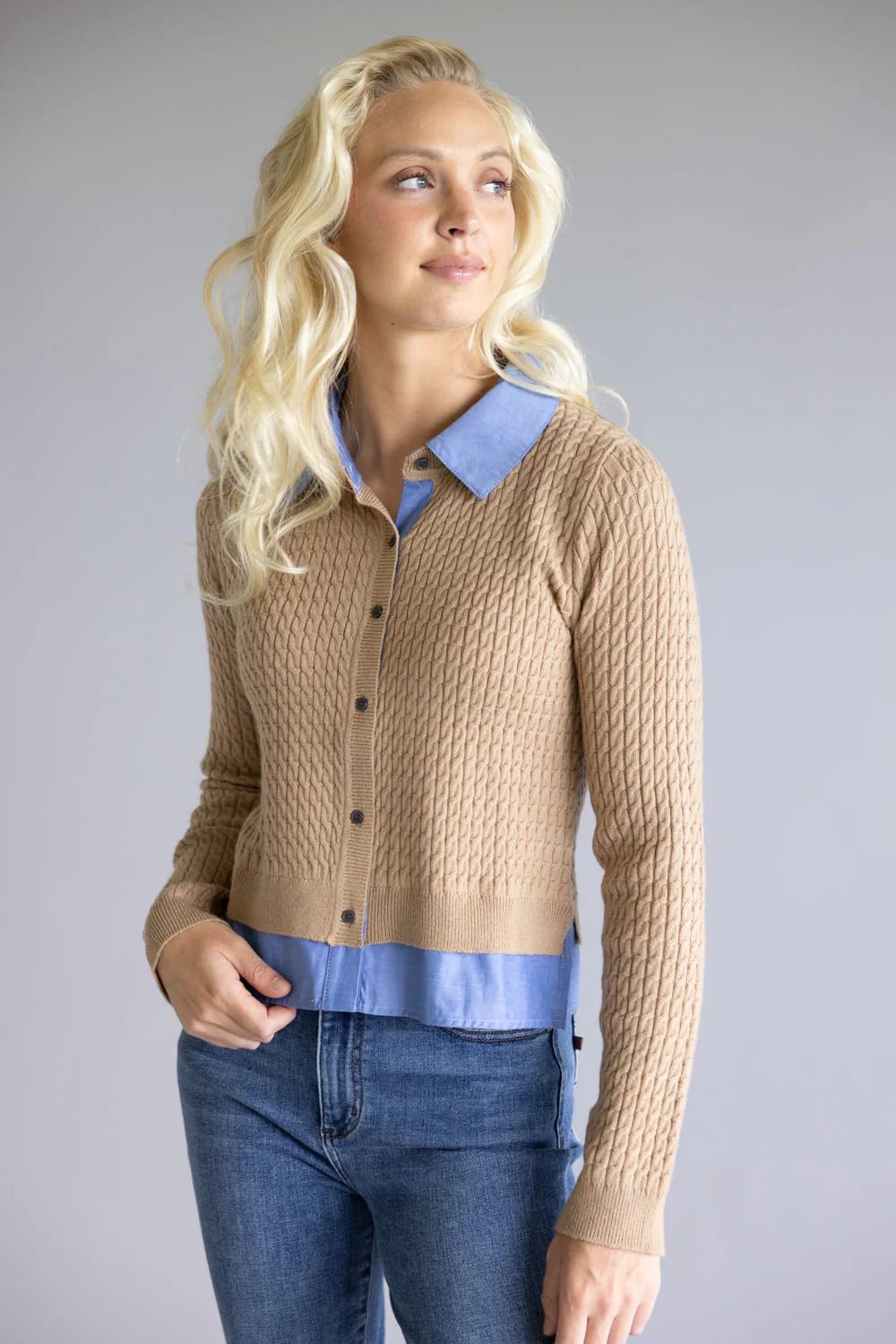 Aaron & Amber Cable Knit Mixed Media Button Front Top for Women in Taupe | AJT5017-TAUPE - Image 4