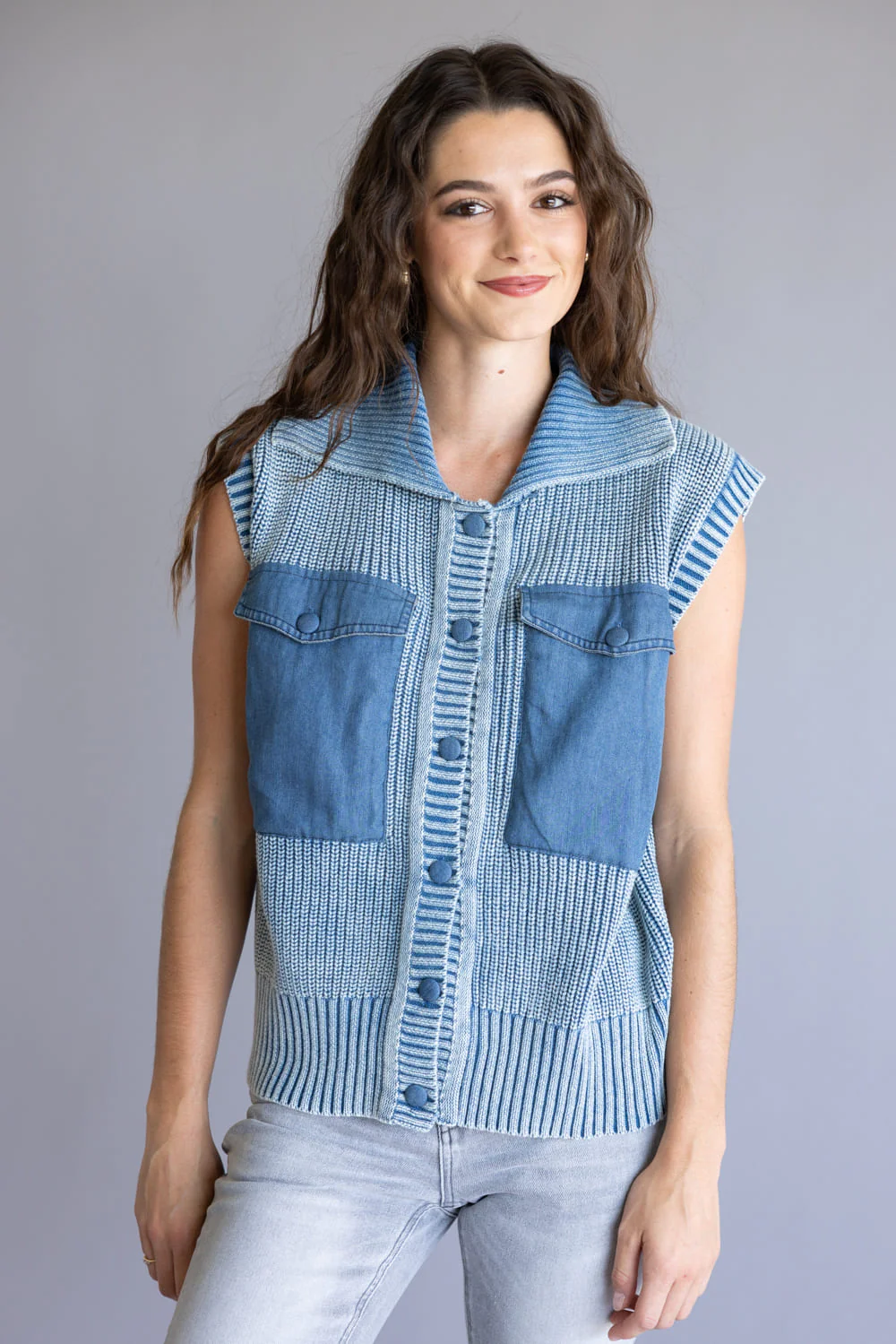 Aaron & Amber Mineral Wash Knit Vest for Women in Blue | AJT5033-DENIMBLUE - Image 2