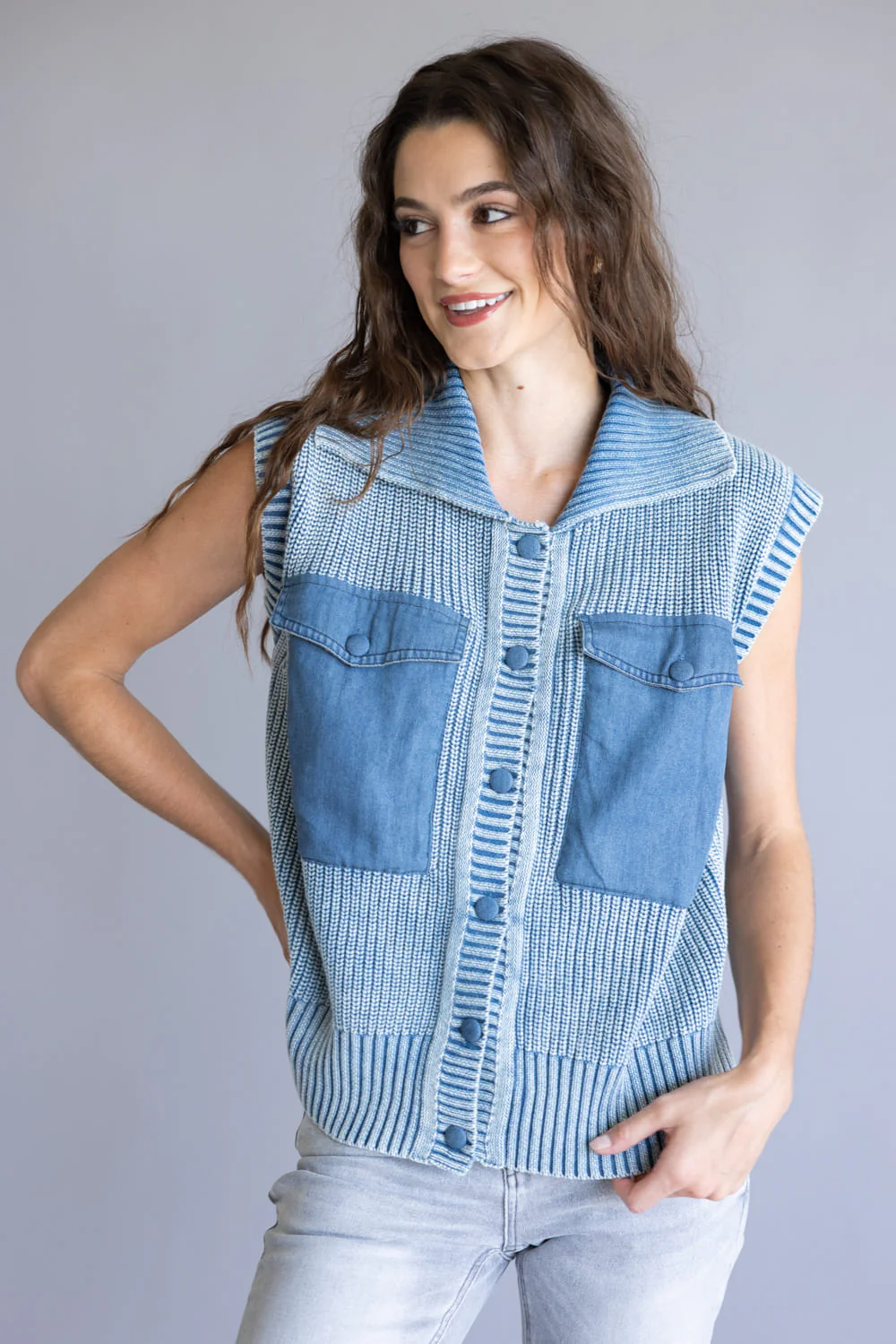 Aaron & Amber Mineral Wash Knit Vest for Women in Blue | AJT5033-DENIMBLUE - Image 3