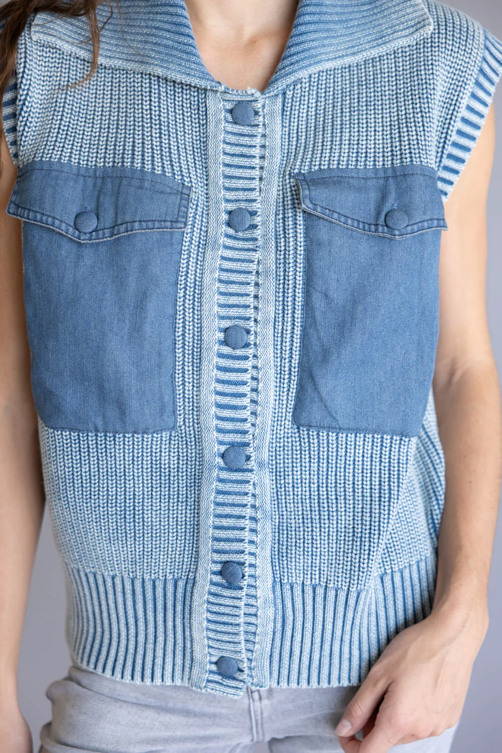 Aaron & Amber Mineral Wash Knit Vest for Women in Blue | AJT5033-DENIMBLUE - Image 4