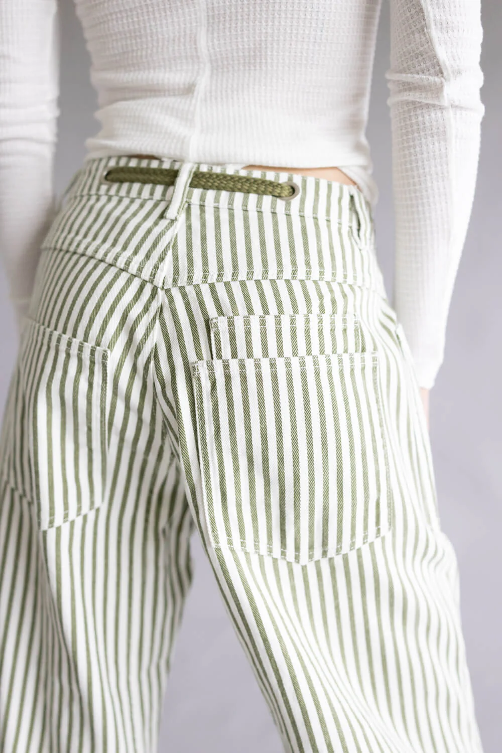 Aaron & Amber Stripe Barrel Jeans for Women in White/Olive | MAP3083-OLIVESTRIPE - Image 2