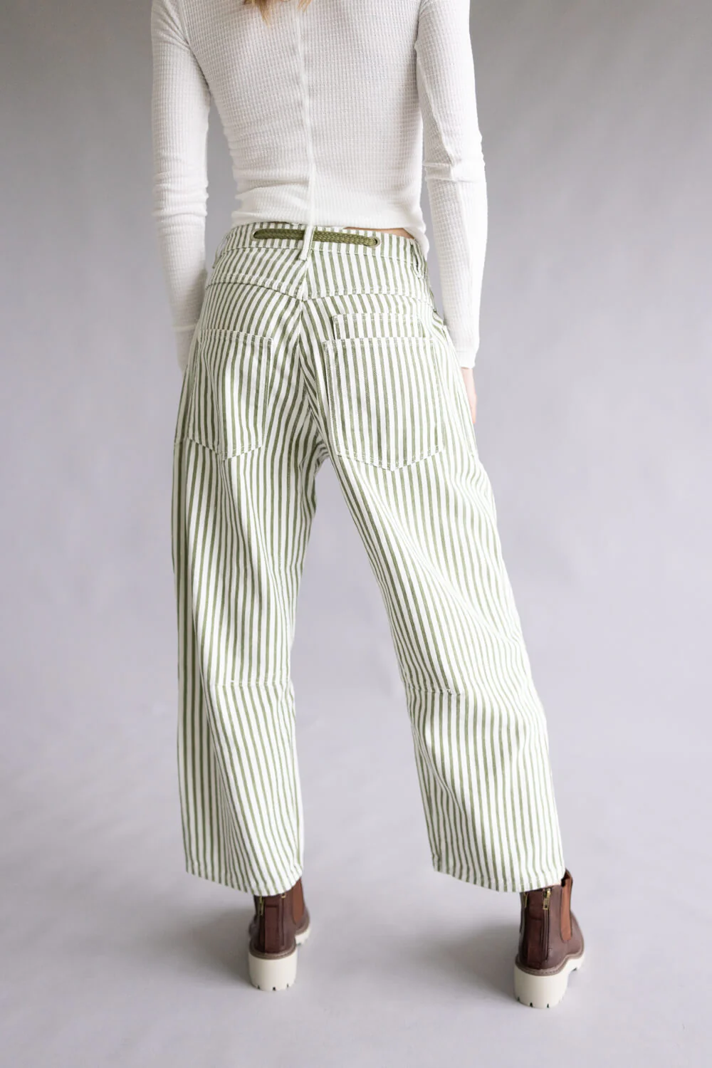Aaron & Amber Stripe Barrel Jeans for Women in White/Olive | MAP3083-OLIVESTRIPE - Image 3