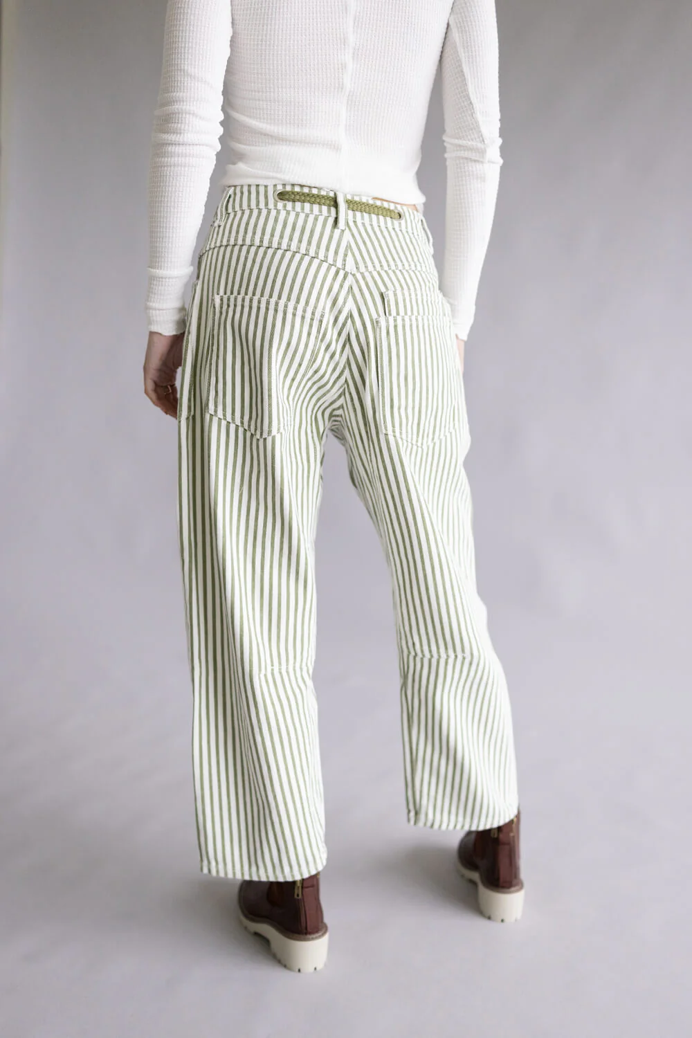 Aaron & Amber Stripe Barrel Jeans for Women in White/Olive | MAP3083-OLIVESTRIPE - Image 4