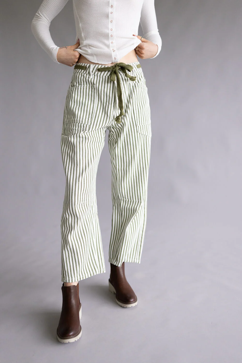 Aaron & Amber Stripe Barrel Jeans for Women in White/Olive | MAP3083-OLIVESTRIPE - Image 6
