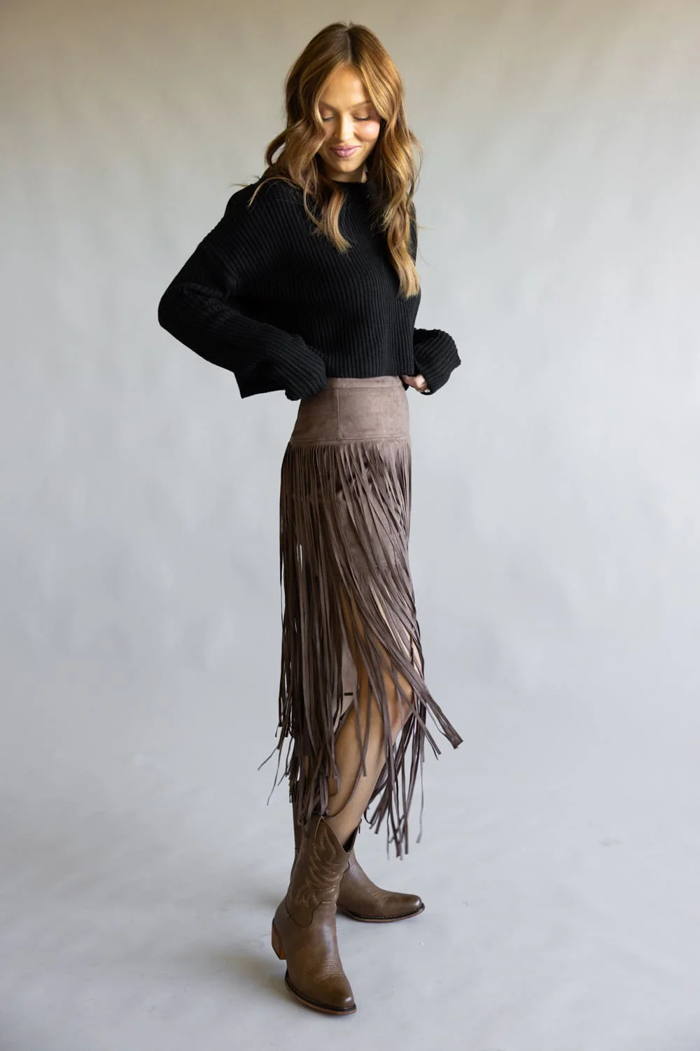 Aaron & Amber Suede Fringe Midi Skirt for Women in Chocolate | MAS3278-CHOCOLATE - Image 2