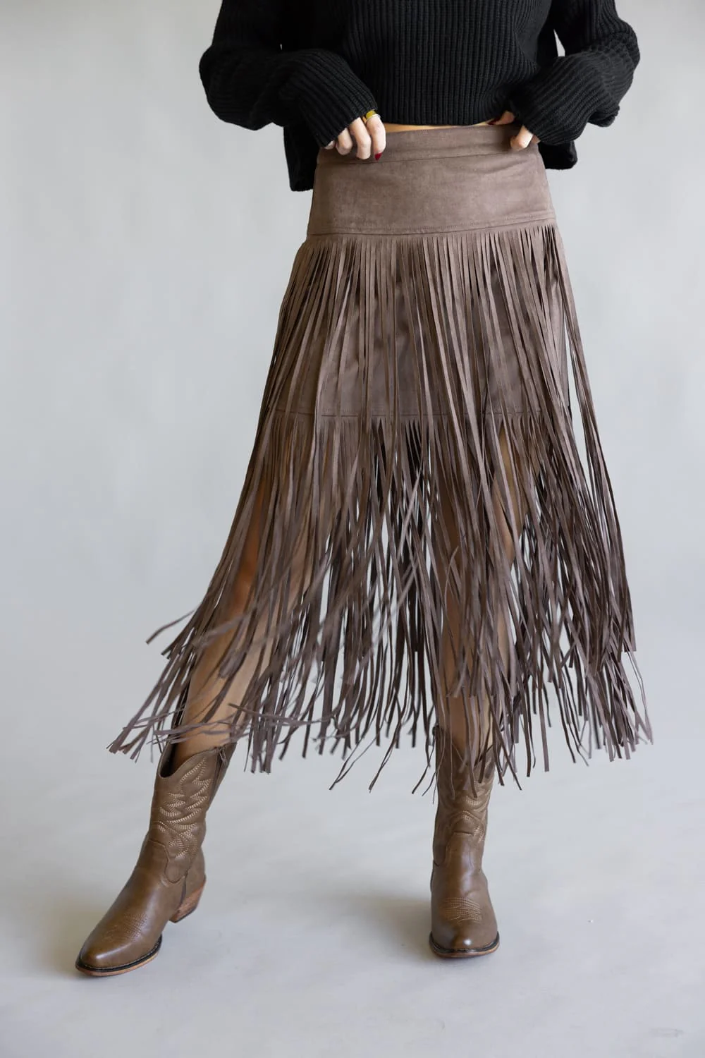 Aaron & Amber Suede Fringe Midi Skirt for Women in Chocolate | MAS3278-CHOCOLATE - Image 3
