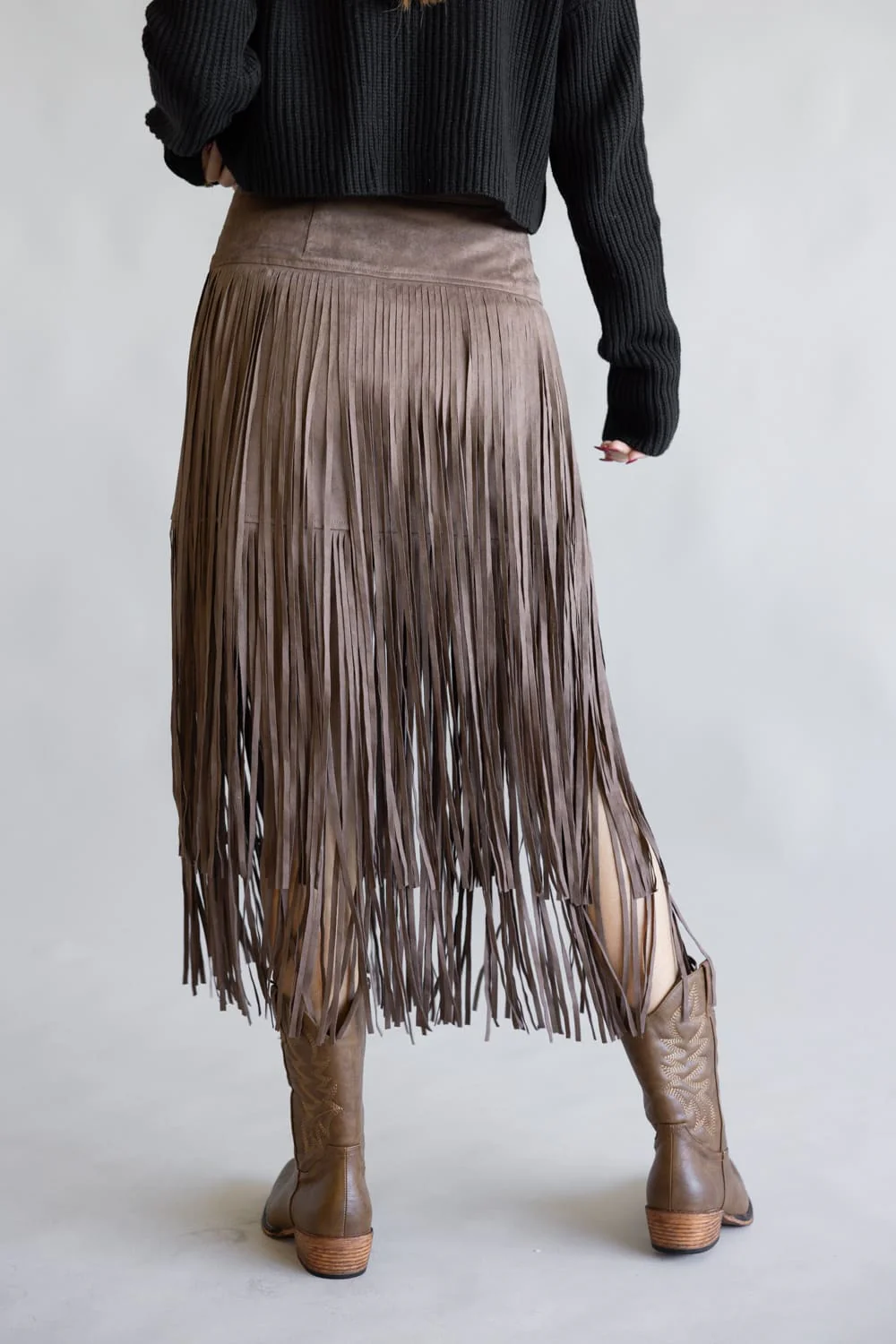 Aaron & Amber Suede Fringe Midi Skirt for Women in Chocolate | MAS3278-CHOCOLATE - Image 4