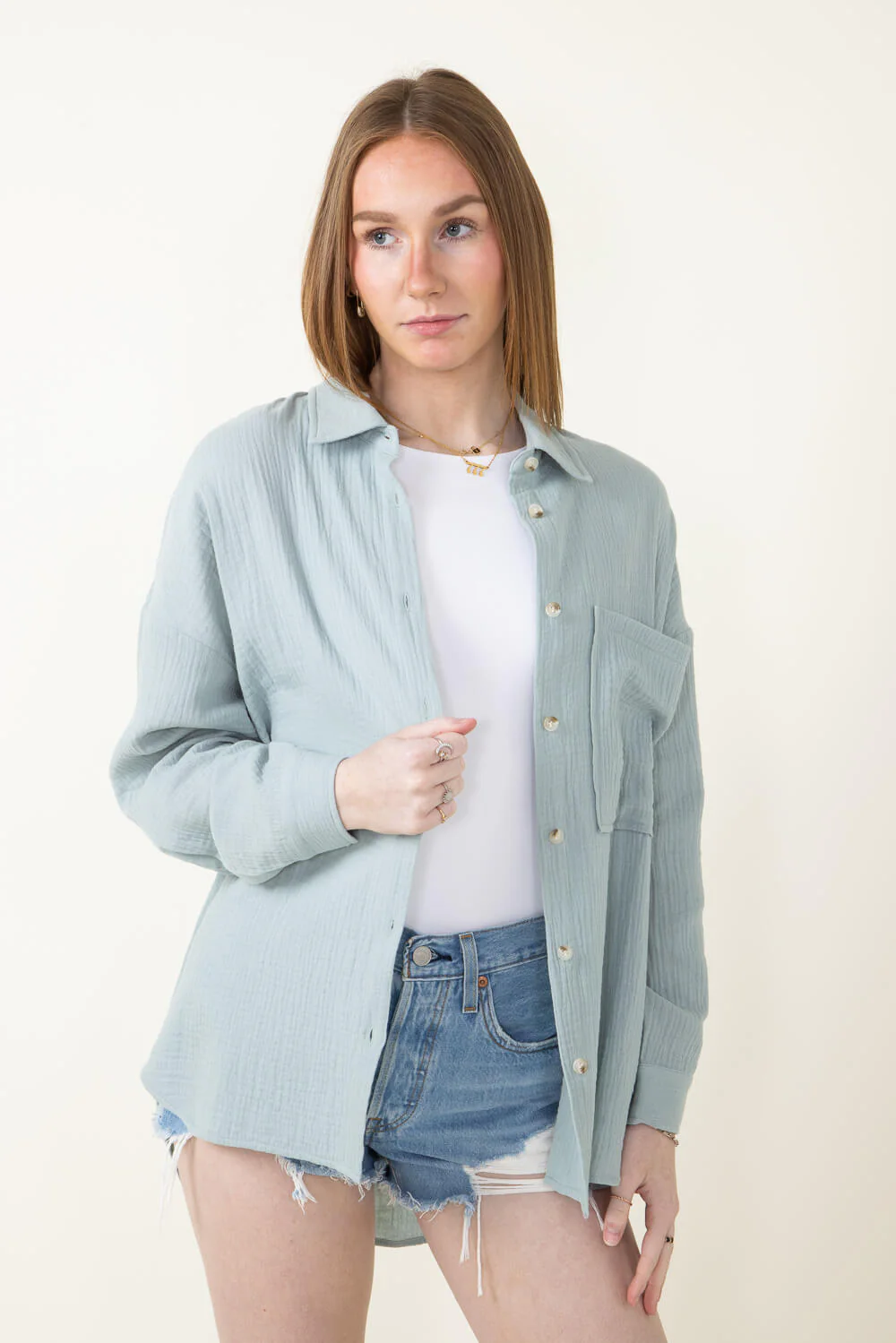 ACOA Oversized Gauze Boyfriend Shirt for Women in Blue | ACT10403-SEAGLASS - Image 2