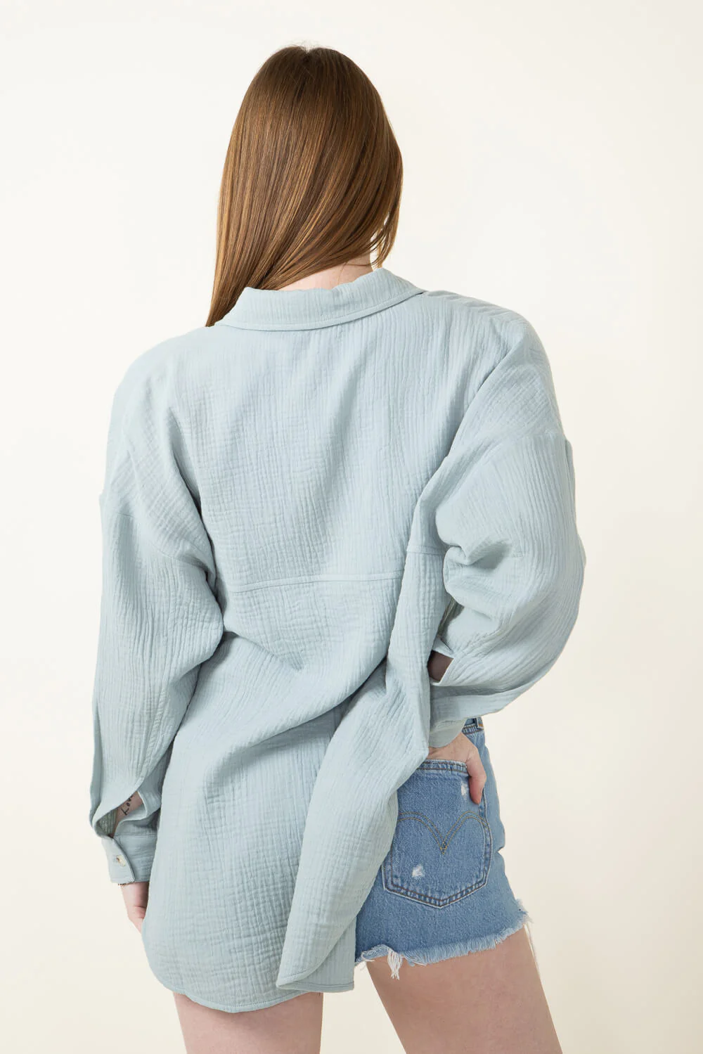 ACOA Oversized Gauze Boyfriend Shirt for Women in Blue | ACT10403-SEAGLASS - Image 3