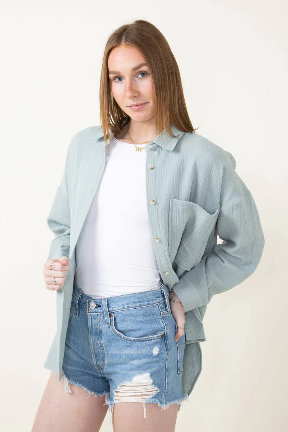 ACOA Oversized Gauze Boyfriend Shirt for Women in Blue | ACT10403-SEAGLASS - Image 4