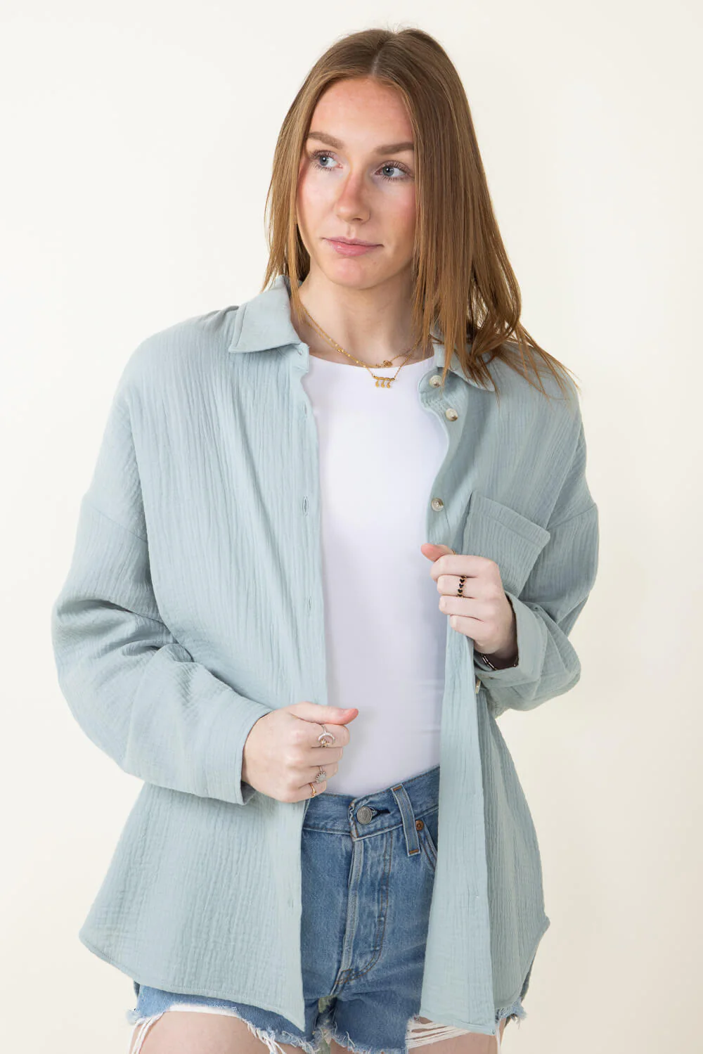 ACOA Oversized Gauze Boyfriend Shirt for Women in Blue | ACT10403-SEAGLASS - Image 5
