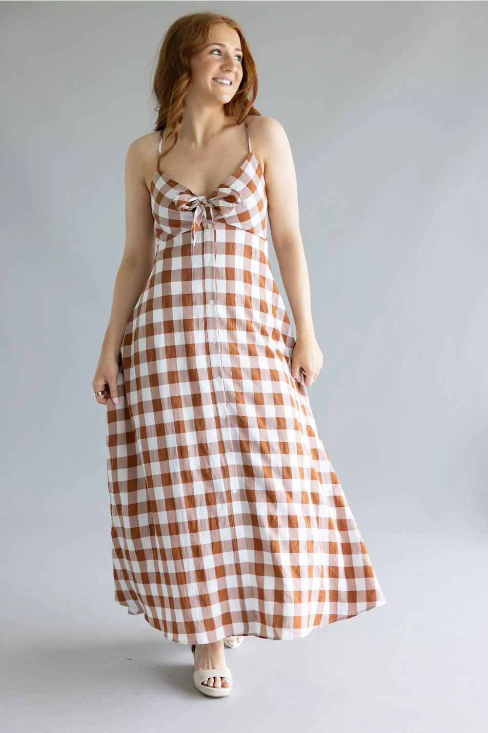 ACOA Gingham Midi Dress for Women in Brown/Ivory | ACD72122-BRNIRY - Image 3