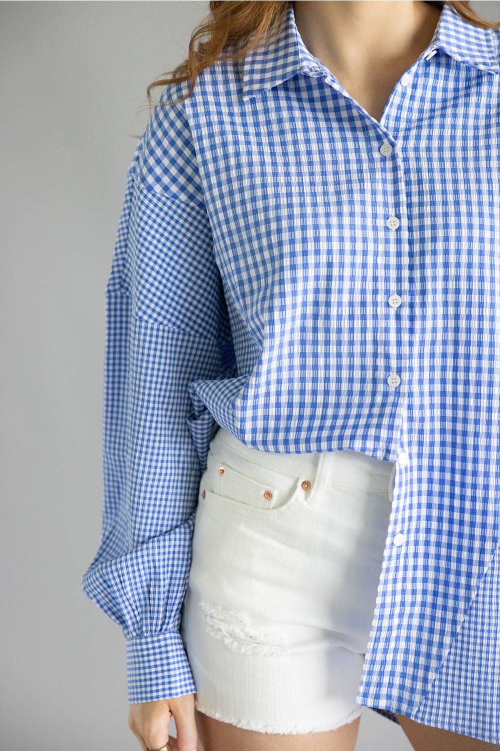 ACOA Mixed Gingham Oversized Button Up Shirt for Women in Blue | ACT12572-BLU - Image 2