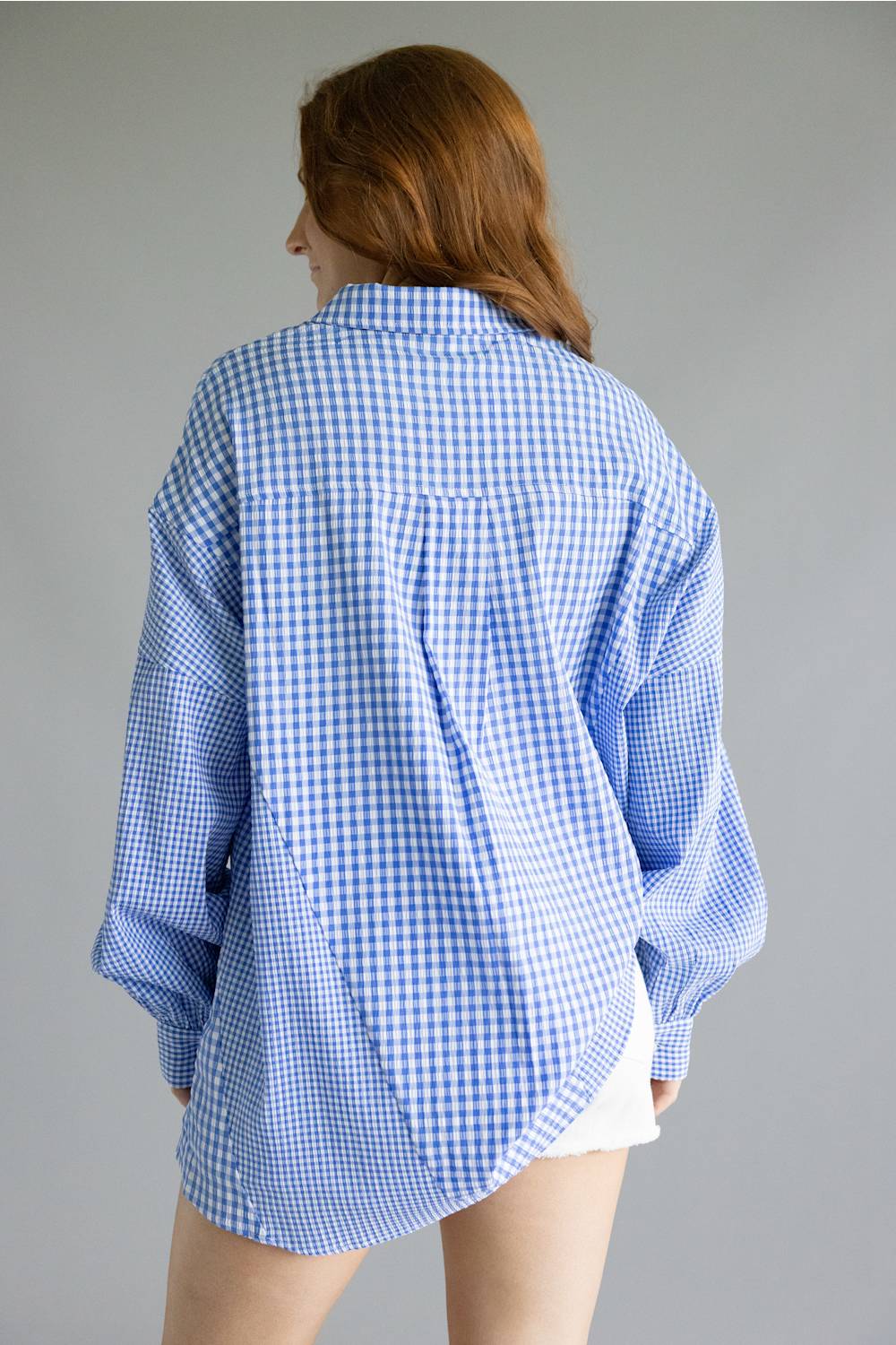 ACOA Mixed Gingham Oversized Button Up Shirt for Women in Blue | ACT12572-BLU - Image 3