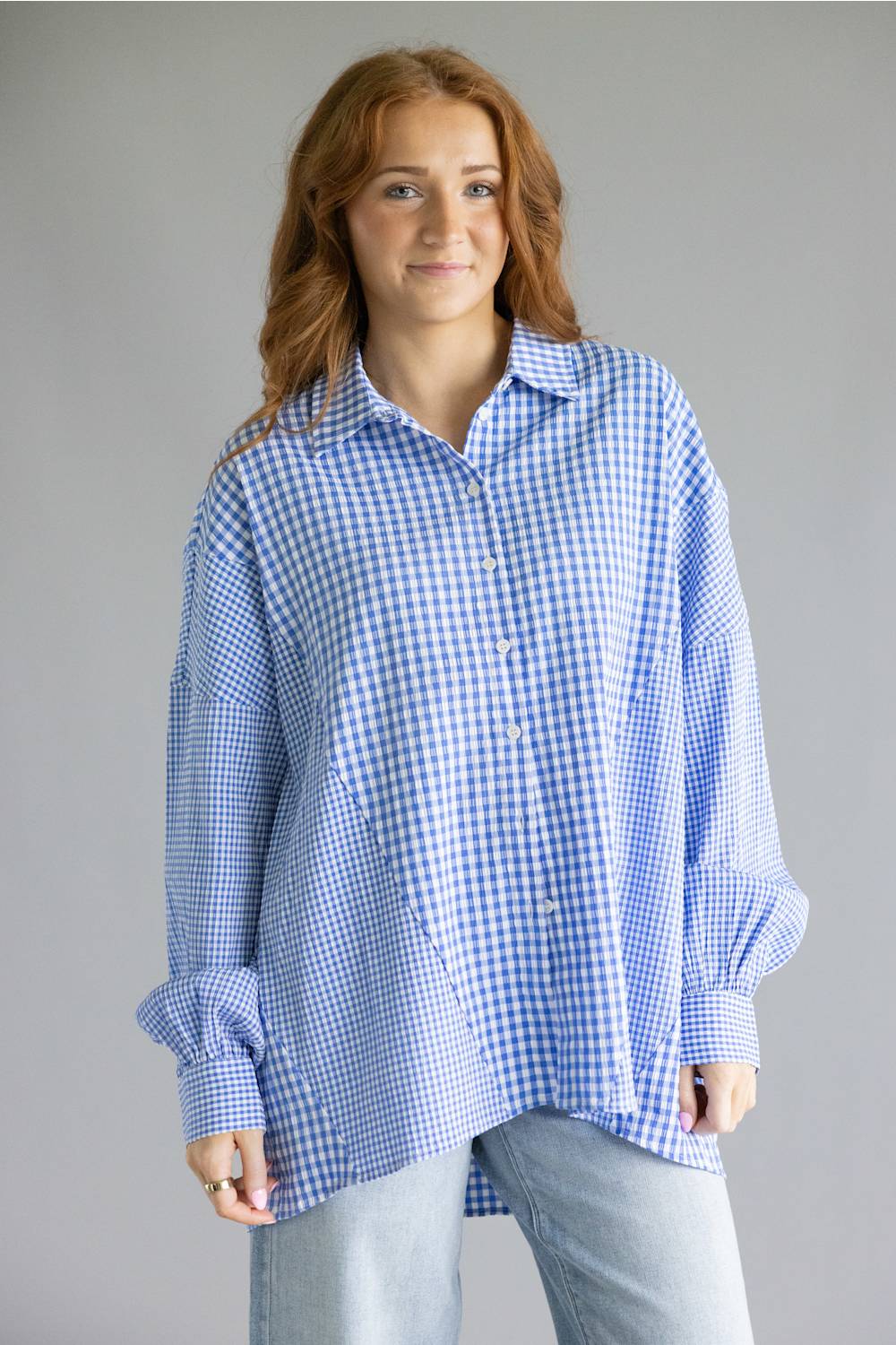 ACOA Mixed Gingham Oversized Button Up Shirt for Women in Blue | ACT12572-BLU - Image 4