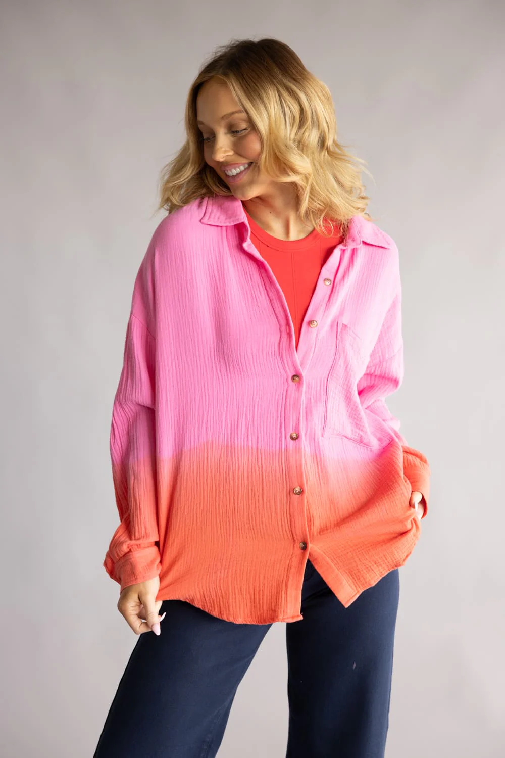 ACOA Ombre Gauze Button Front Top for Women in Pink/Orange | ACT12529-PNK - Image 4