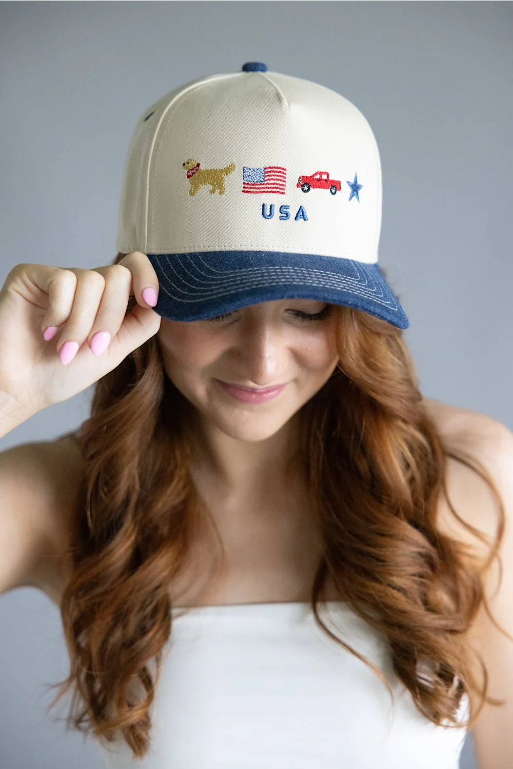 All American Icons Trucker Hat for Women in Tan/Dark Denim | TCM0222-DKDENIM - Image 5