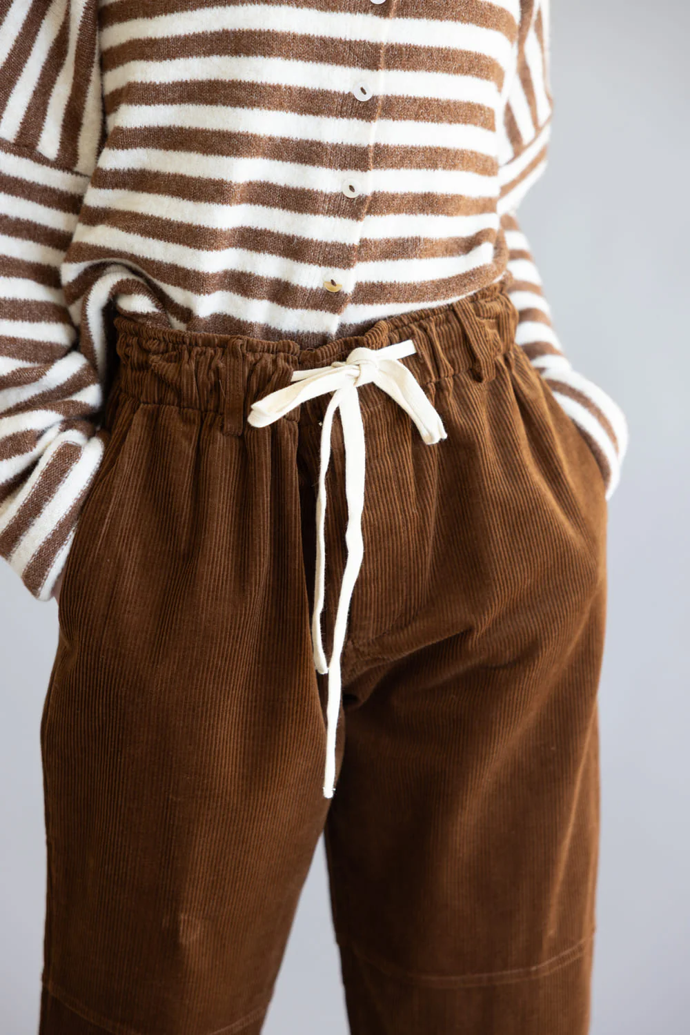 Allie Rose Drawstring Corduroy Barrel Pants for Women in Brown | CP1274-BROWN - Image 3