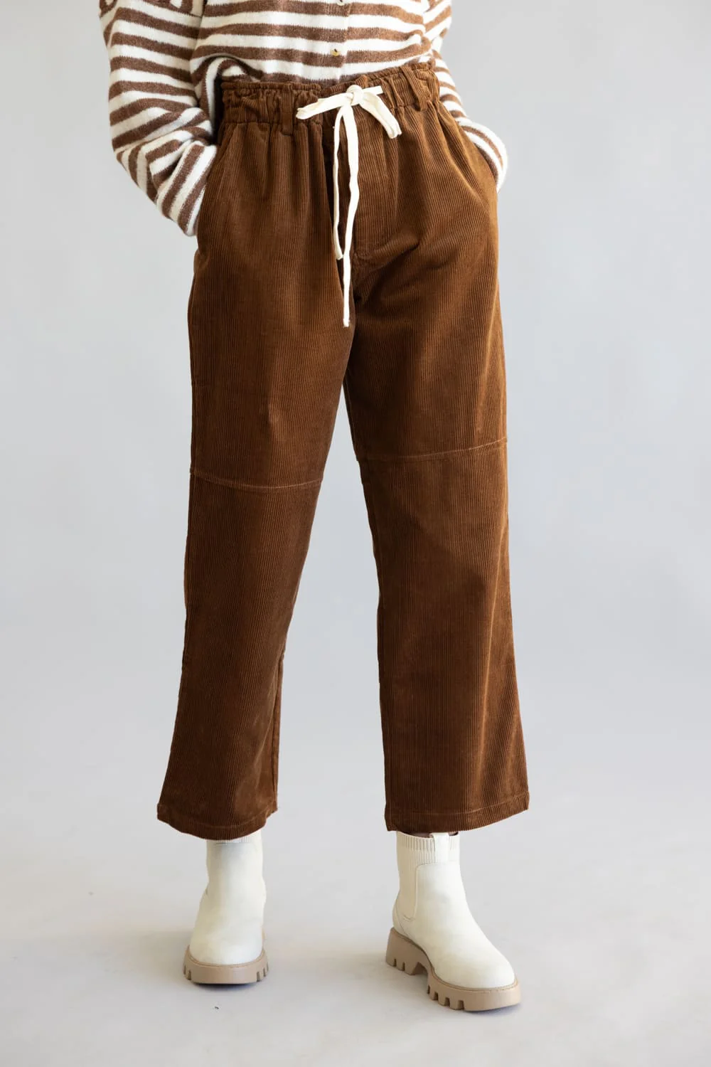 Allie Rose Drawstring Corduroy Barrel Pants for Women in Brown | CP1274-BROWN - Image 4