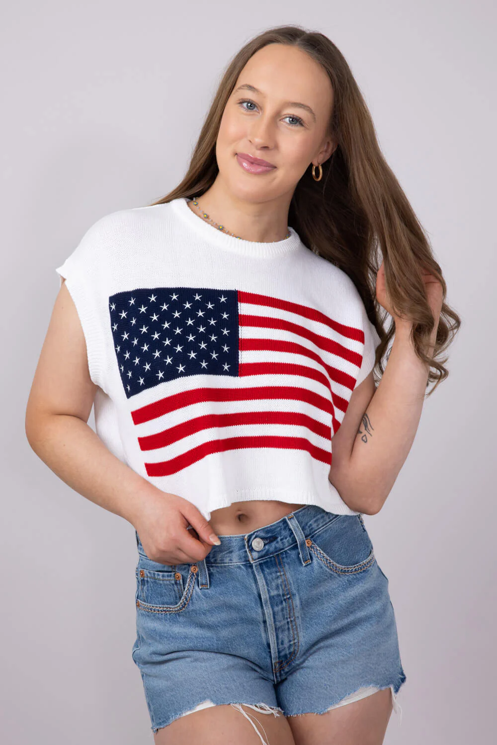 American Flag Sweater for Women in White | JT2024-62-CREAMREDNAVY - Image 4