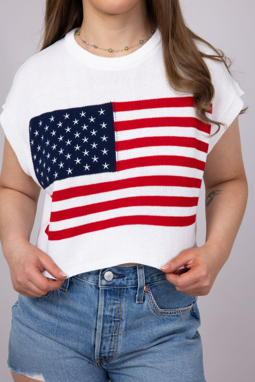 American Flag Sweater for Women in White | JT2024-62-CREAMREDNAVY - Image 5
