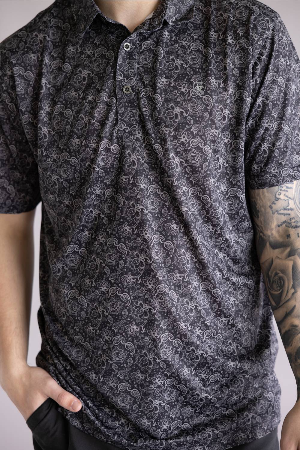 Ariat All Over Print Fitted Polo for Men in Black | 10076123-BLACK PAISLEY PRINT - Image 2