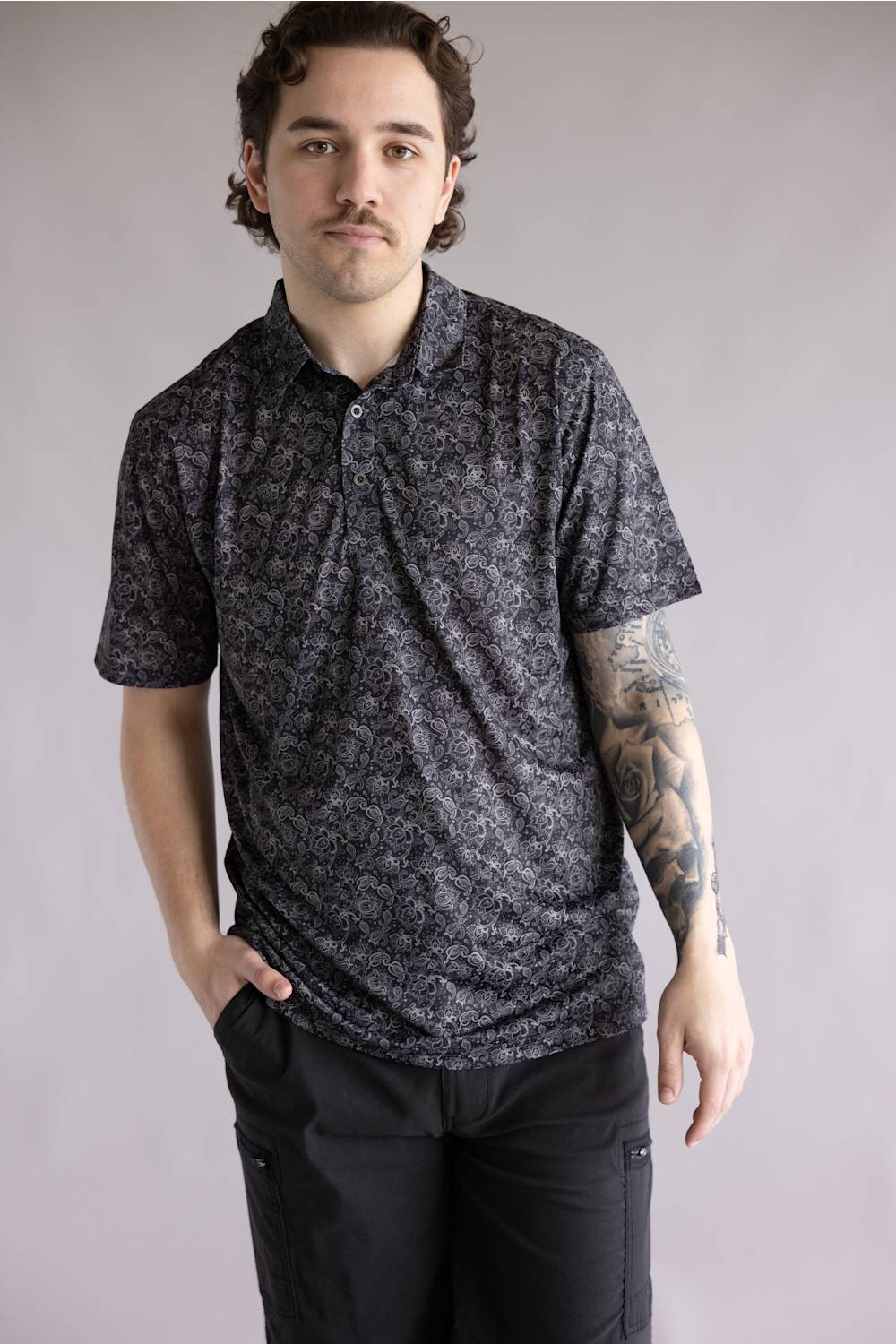 Ariat All Over Print Fitted Polo for Men in Black | 10076123-BLACK PAISLEY PRINT - Image 4