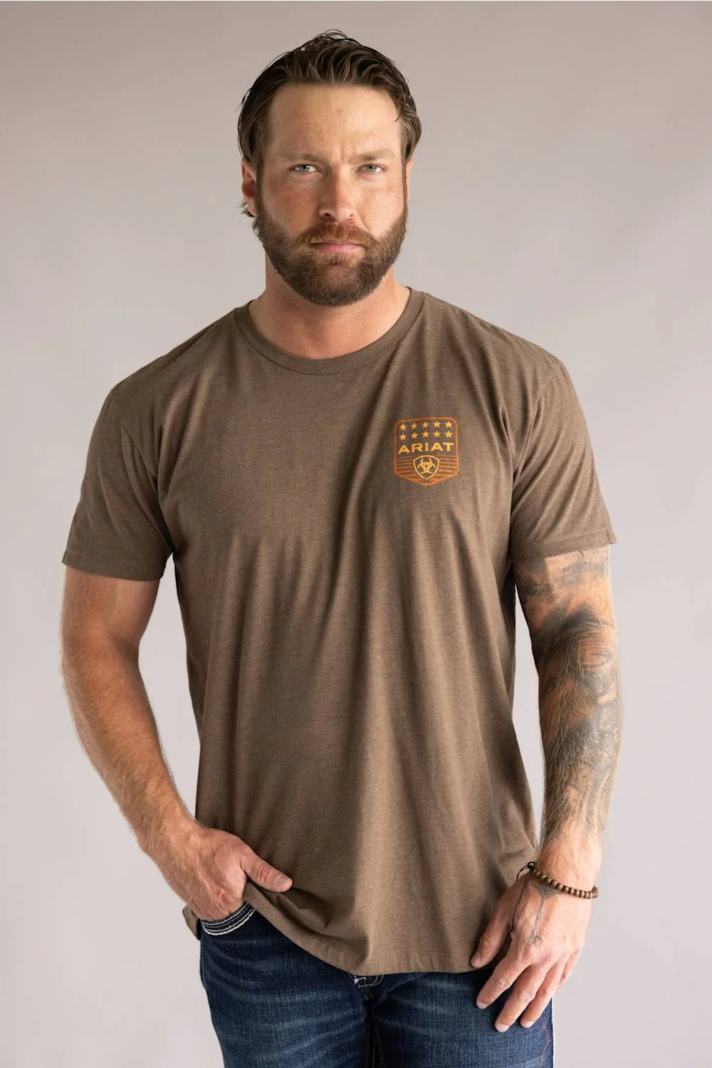 Ariat Stripe Patriotic Badge T-Shirt for Men in Brown Heather | 10073963-BROWN HEATHER - Image 2