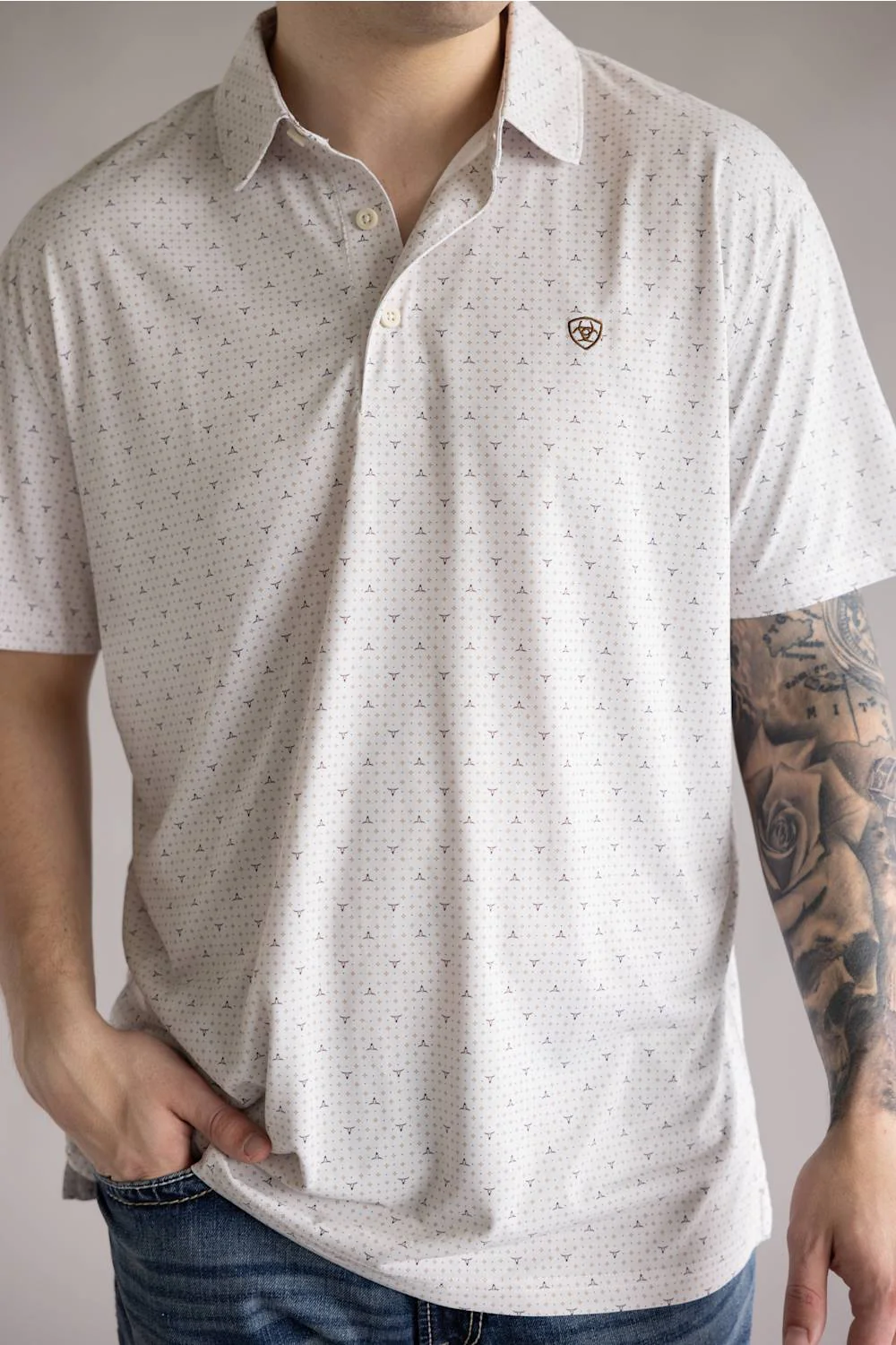 Ariat Tek Printed Polo Shirt for Men in White | 10071496-MOONBEAM STEER PRINT - Image 2