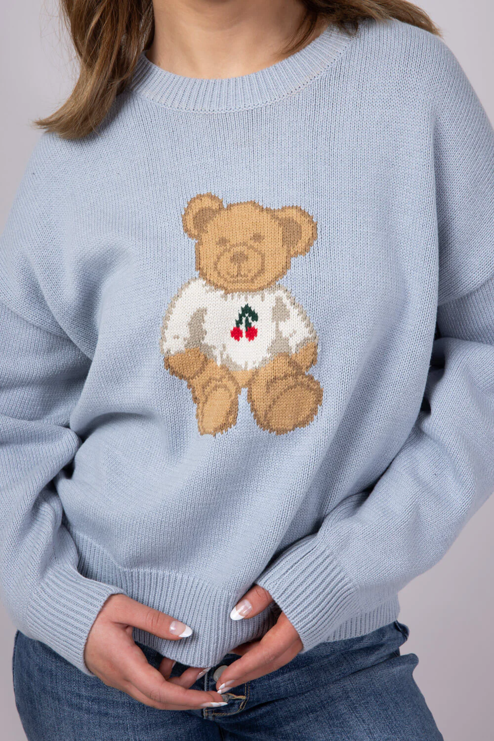 Bear Cherry Crewneck Sweater for Women in Light Blue | IWT5160-1-LTBLUE - Image 3
