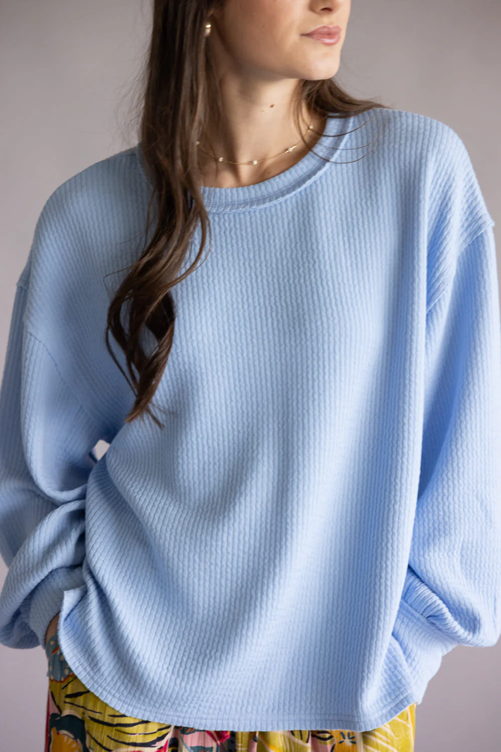 Blu Pepper Crewneck Ribbed Knit Shirt for Women in Light Blue | B2FT1043GL-LIGHTBLUE - Image 3