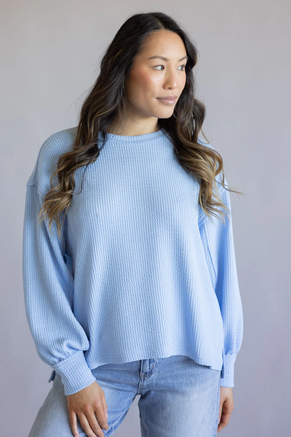 Blu Pepper Crewneck Ribbed Knit Shirt for Women in Light Blue | B2FT1043GL-LIGHTBLUE - Image 5