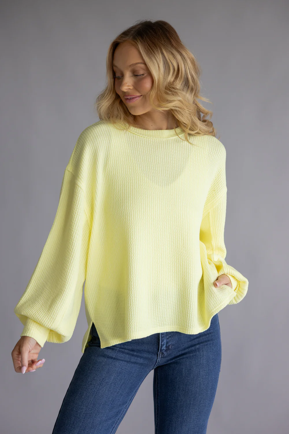 Blu Pepper Crewneck Ribbed Knit Shirt for Women in Yellow | B2FT1043GL-YELLOW - Image 3