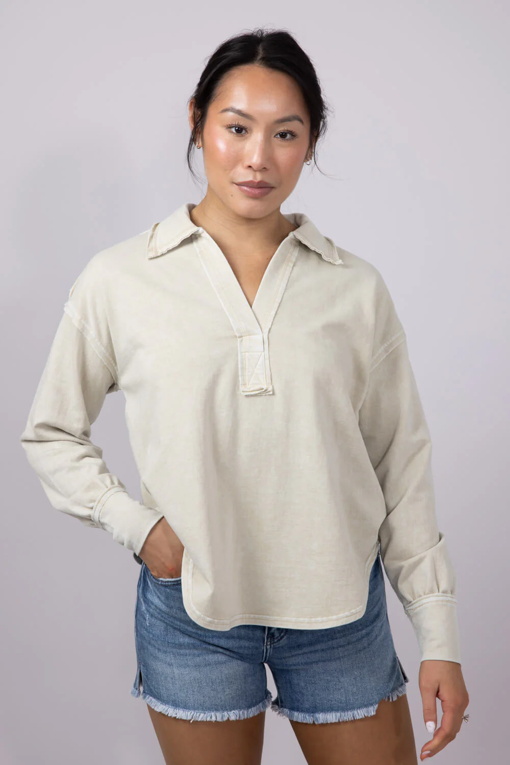 Blu Pepper Johnny Collar Mineral Wash Shirt for Women - Image 3
