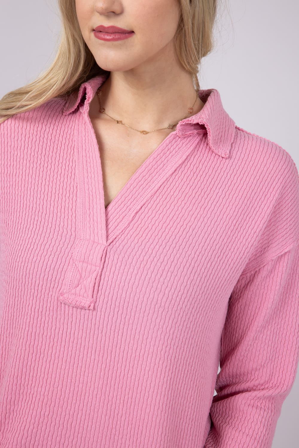 Blu Pepper Ribbed Knit Johnny Collar Polo Shirt for Women in Mauve | B3FT1012-MAUVE - Image 3