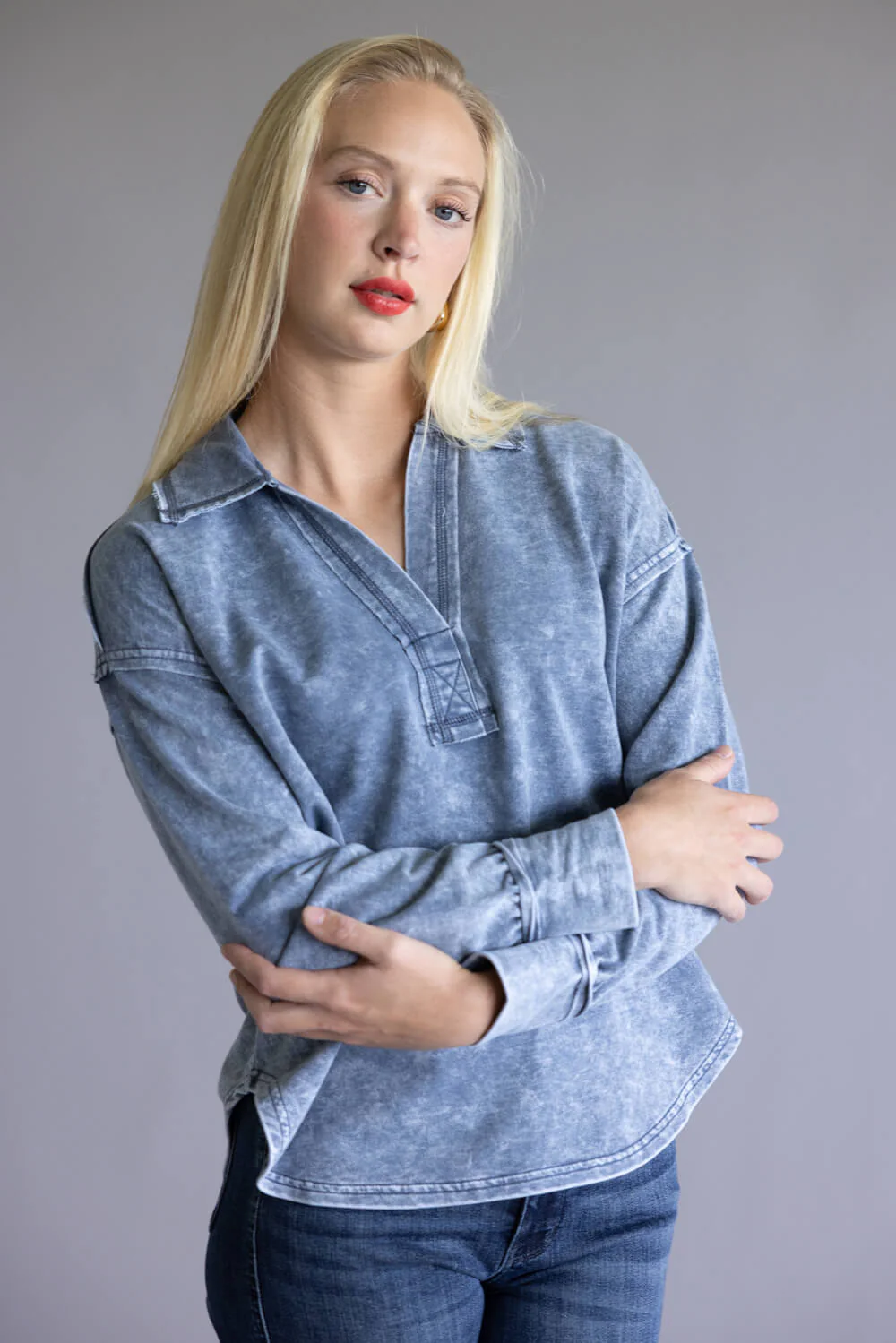 Blu Pepper Mineral Wash Knit Johnny Collar Shirt for Women in Blue | CR2348-J5FT1047GL-DENIM - Image 4