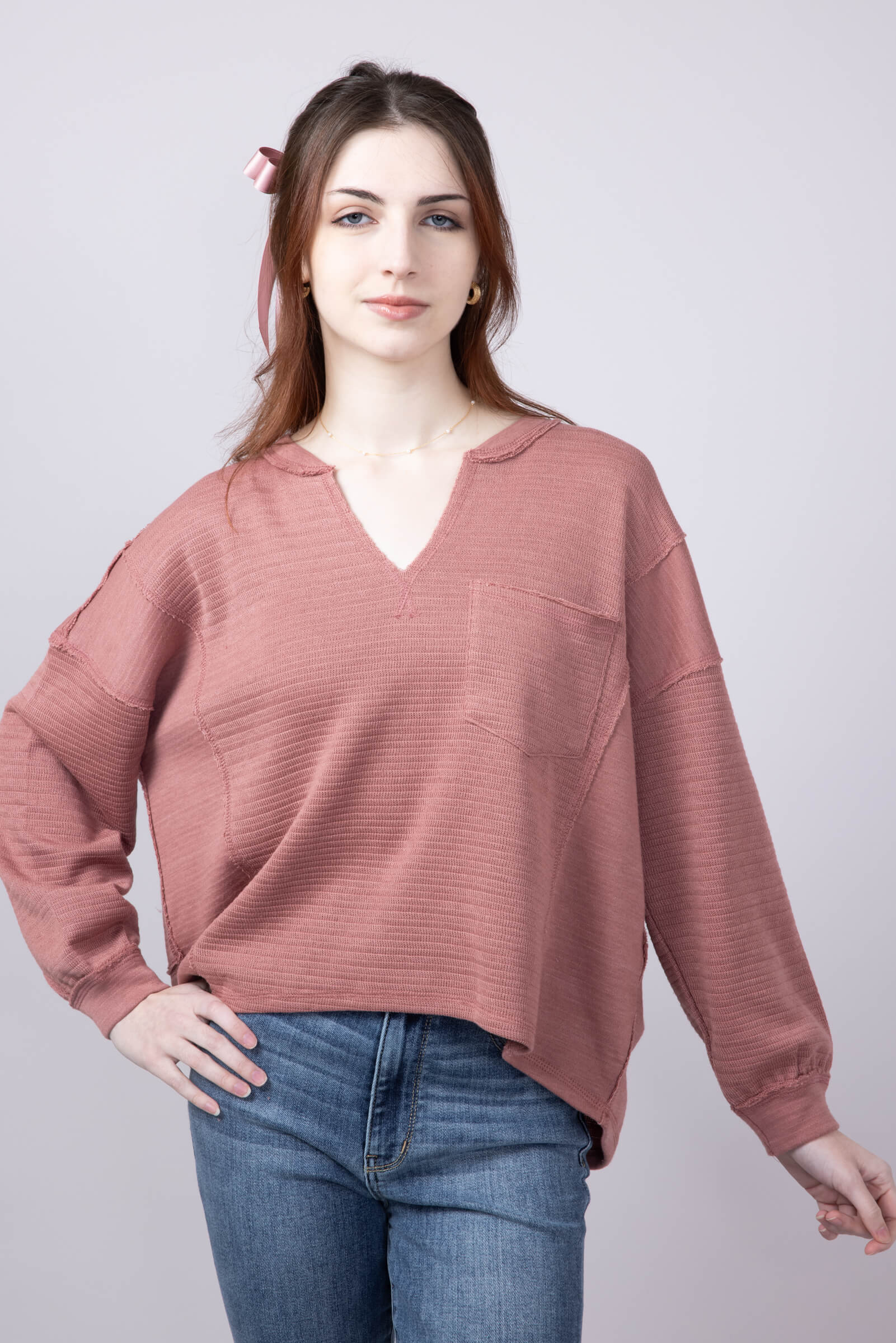 Blu Pepper Notched V-neck Knit Top for Women in Dusty Rose | B3FT1034-DUSTYROSE - Image 3