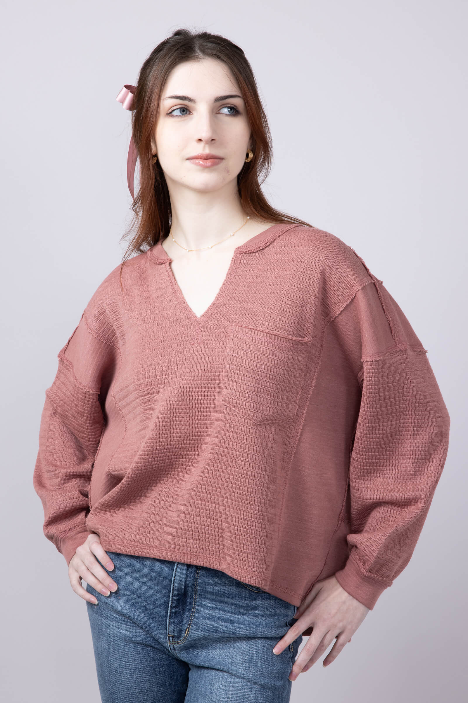 Blu Pepper Notched V-neck Knit Top for Women in Dusty Rose | B3FT1034-DUSTYROSE - Image 5