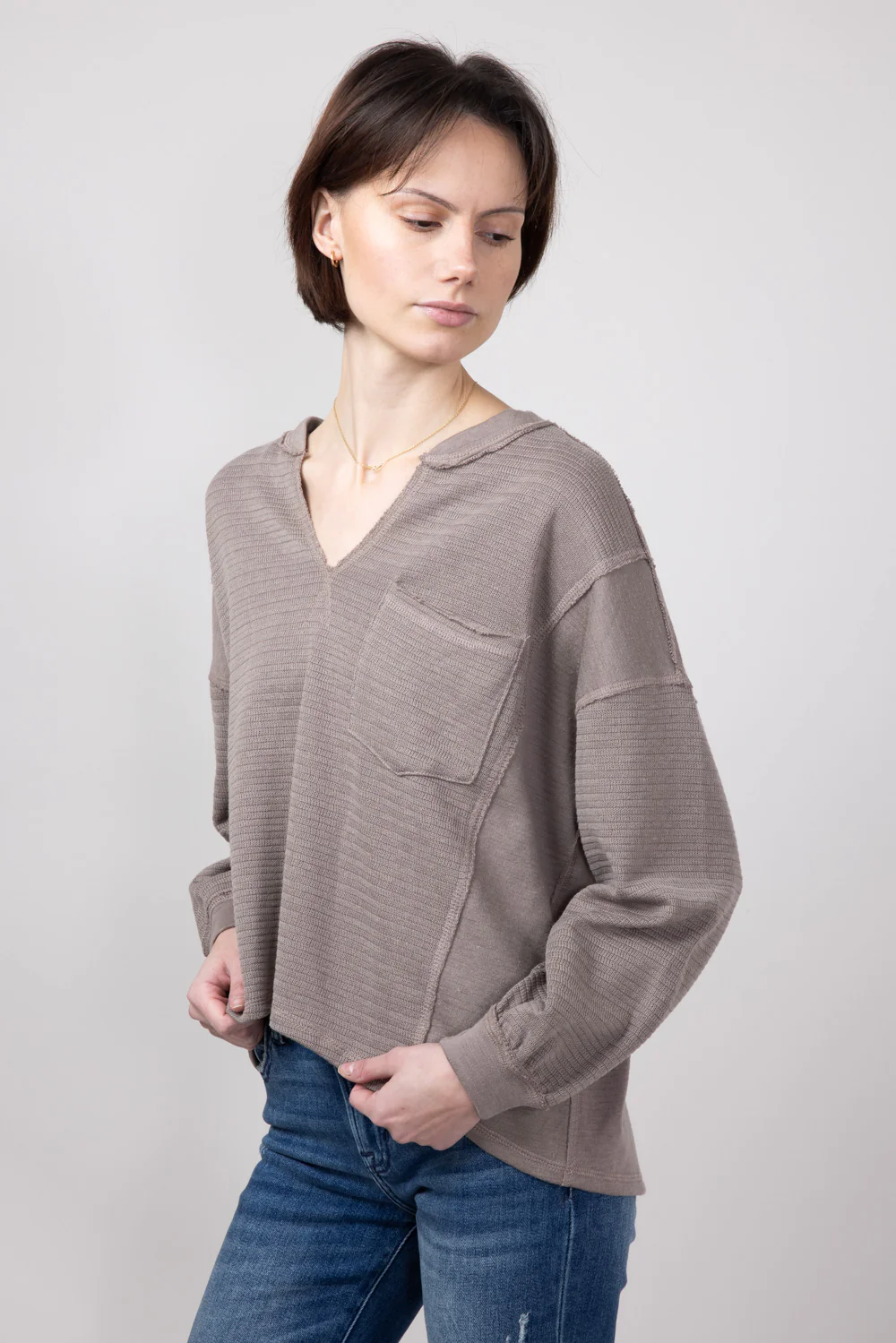 Blu Pepper Notched V-neck Knit Top for Women in Light Mocha | B3FT1034-LIGHTMOCHA - Image 3